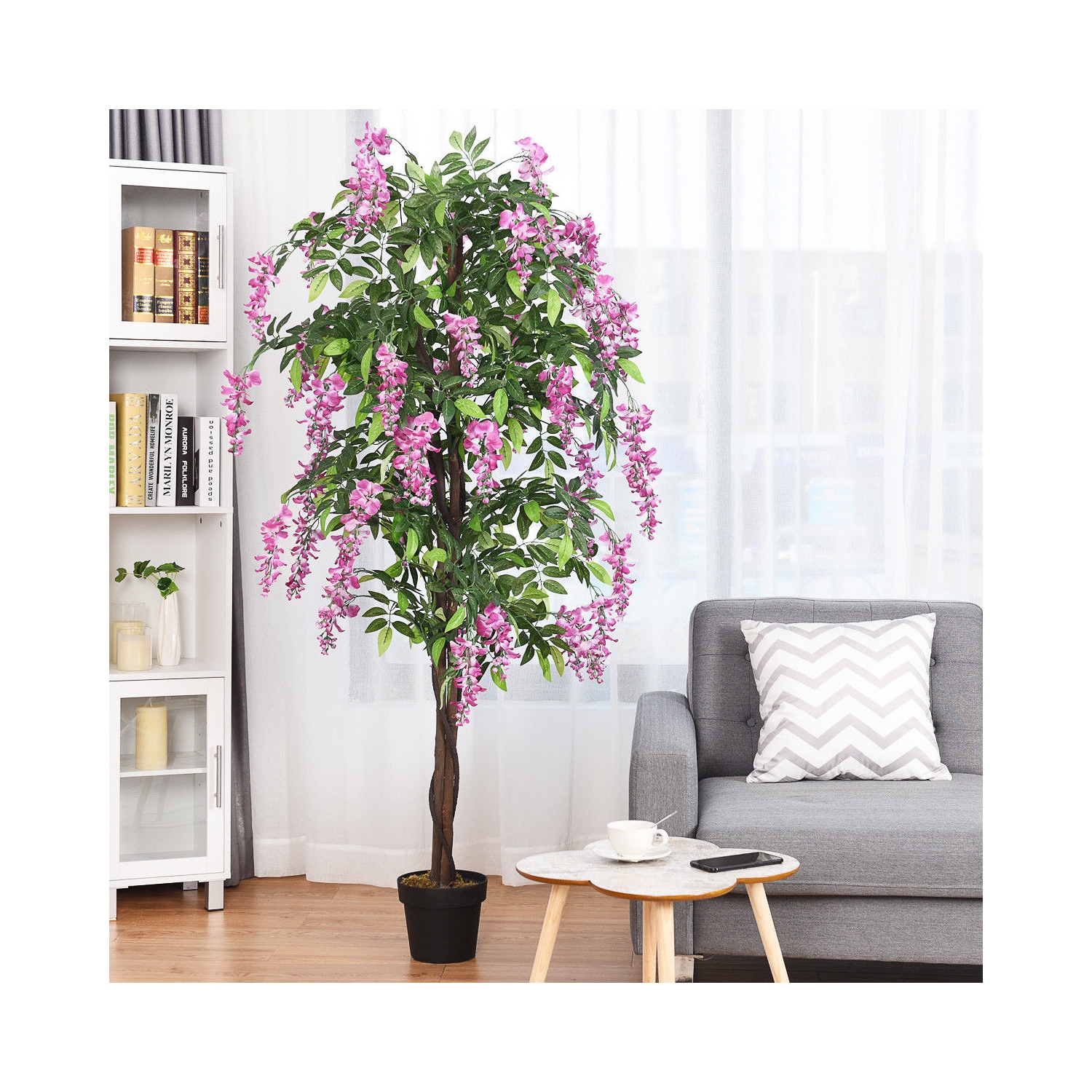 Costway 2 PCS 6 FT Artificial Wisteria Silk Tree Pink Flower Indoor-Patio Home