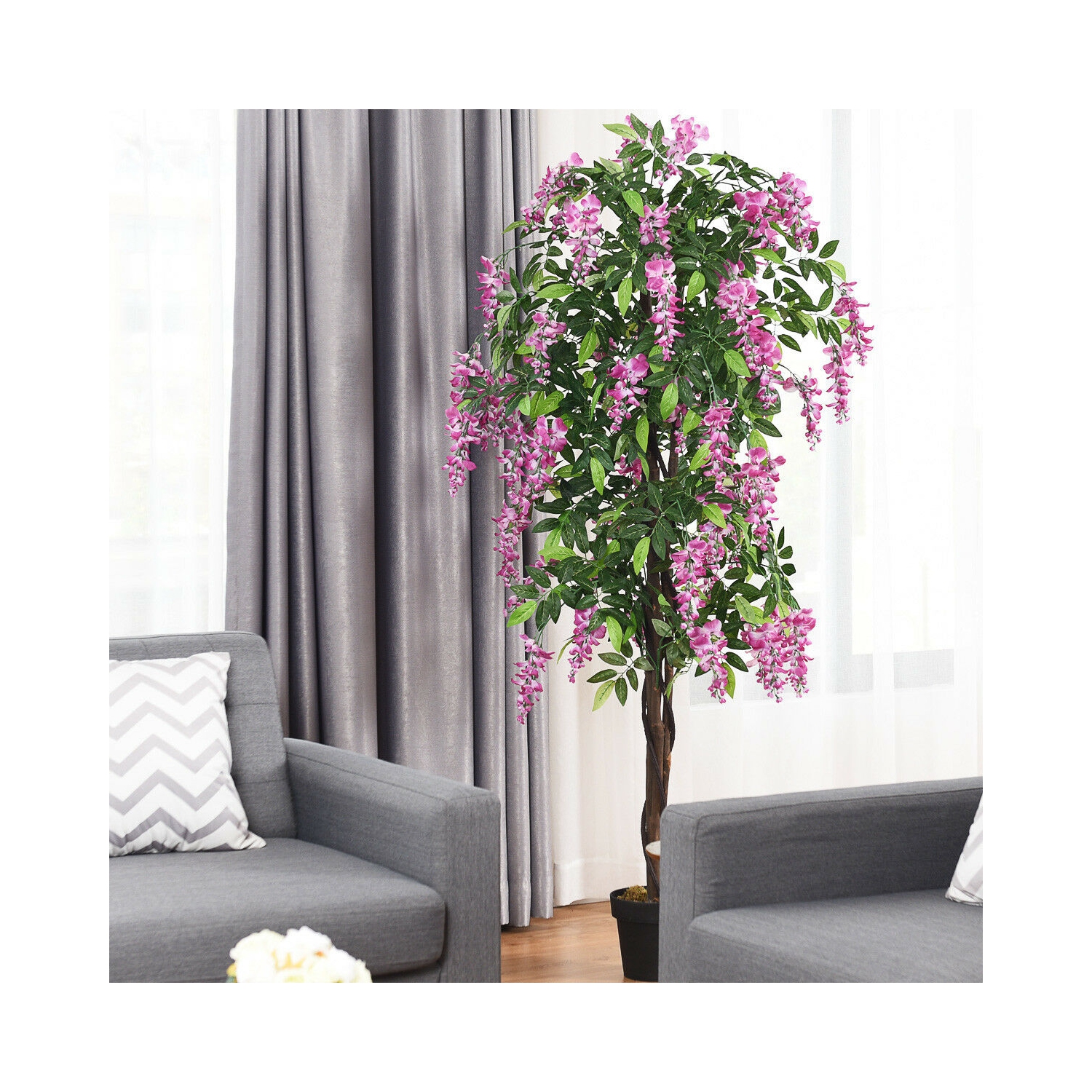 Costway 2 PCS 6 FT Artificial Wisteria Silk Tree Pink Flower Indoor-Patio Home