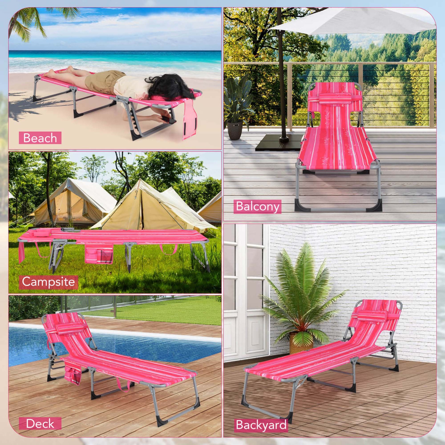 Goplus 2 PCS Outdoor Beach Lounge Chair Folding Chaise Lounge with Pillow
