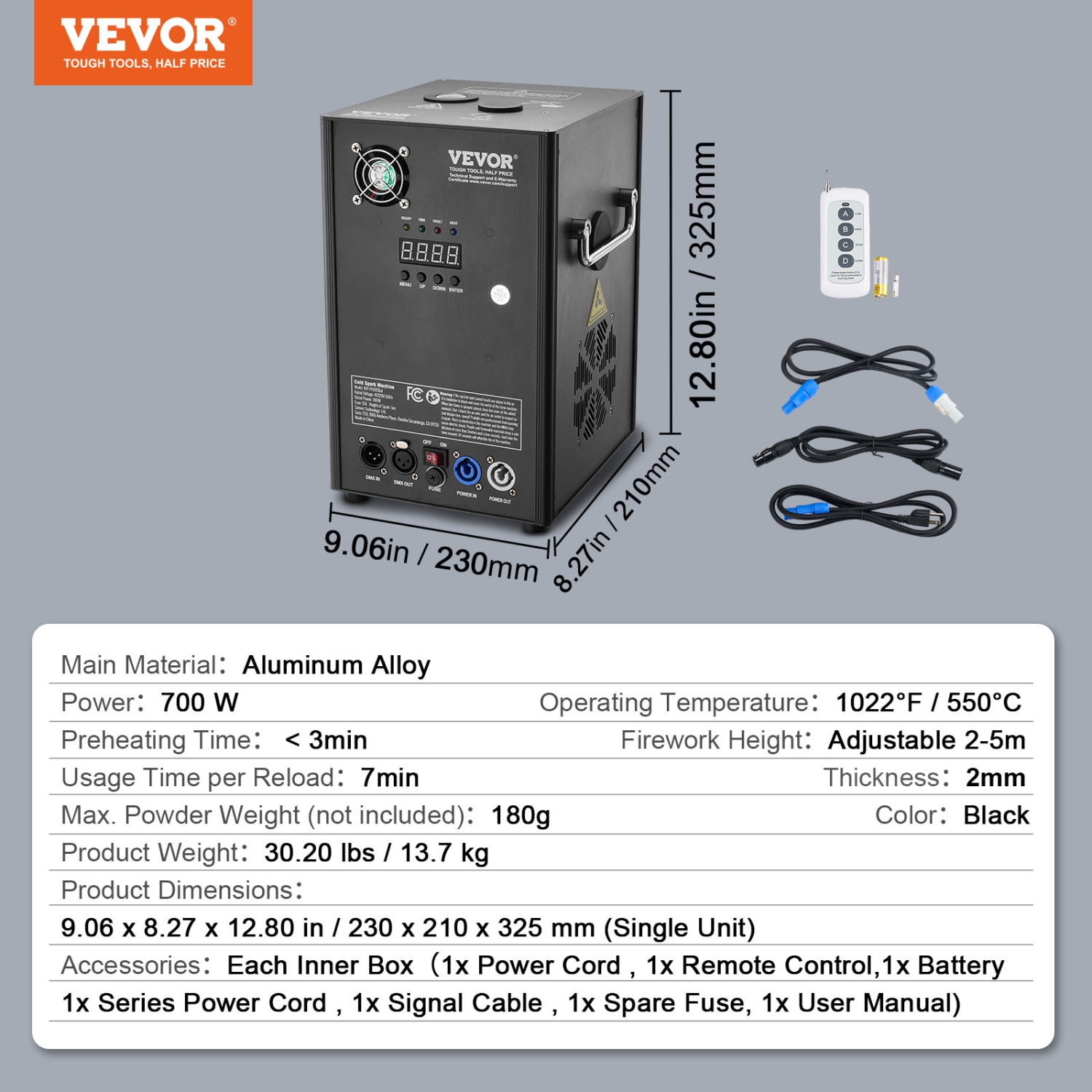VEVOR 2 Pack Cold Spark Machine, 700W Output Fireworks Controllers, 6.6-16.4ft Adjustable Height, with Advanced DMX System,LED Screen,Portable