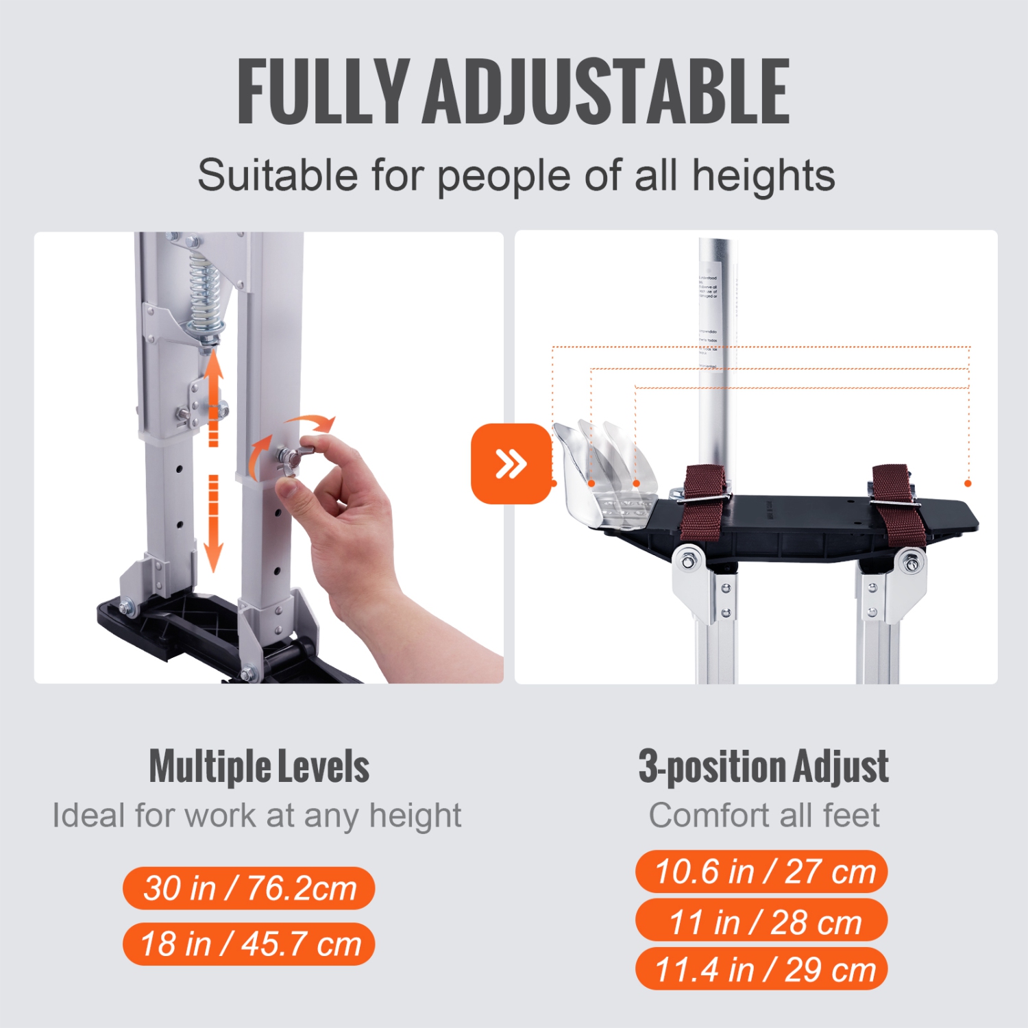 VEVOR 18''-30'' Drywall Stilts, Adjustable Aluminum Tool Stilts with Protective Knee Pads, Durable and Non-slip Work Stilts for Sheetrock Painting,