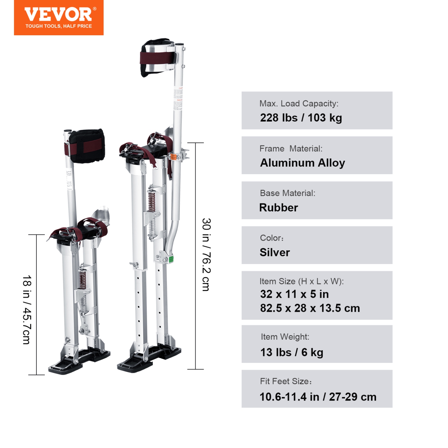 VEVOR 18''-30'' Drywall Stilts, Adjustable Aluminum Tool Stilts with Protective Knee Pads, Durable and Non-slip Work Stilts for Sheetrock Painting,