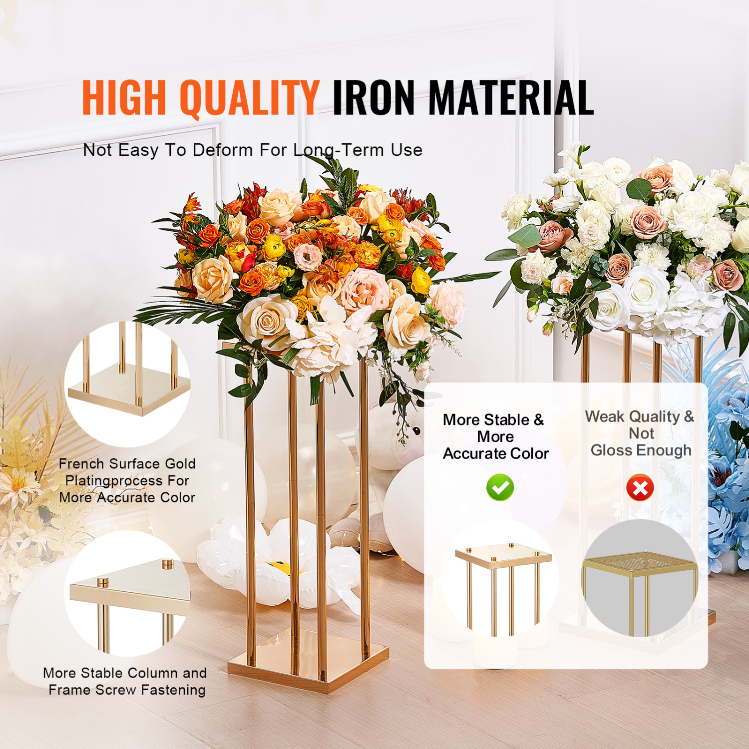 VEVOR 4PCS Gold Metal Column Wedding Flower Stand, 31.5inch High With Metal Laminate, Vase Geometric Centerpiece Stands, Floral Display Rack for
