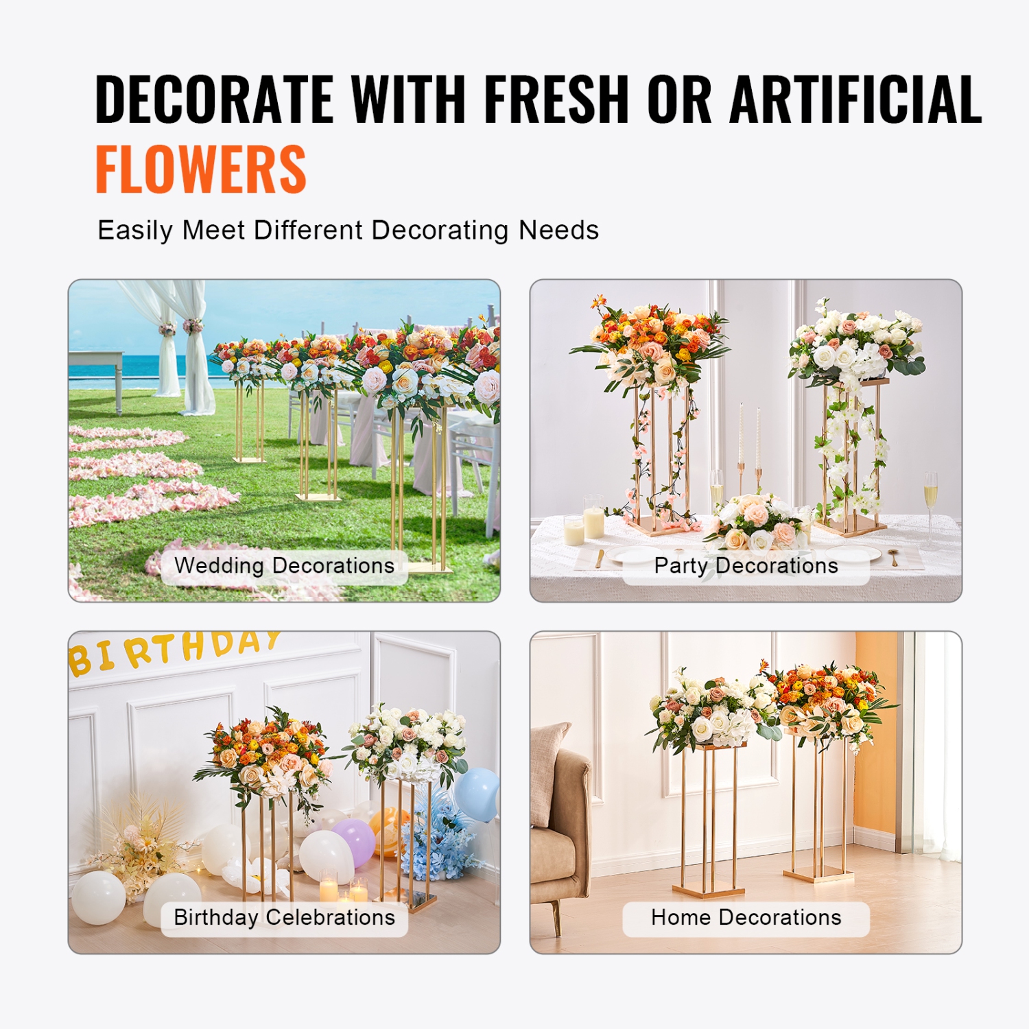VEVOR 4PCS Gold Metal Column Wedding Flower Stand, 31.5inch High With Metal Laminate, Vase Geometric Centerpiece Stands, Floral Display Rack for