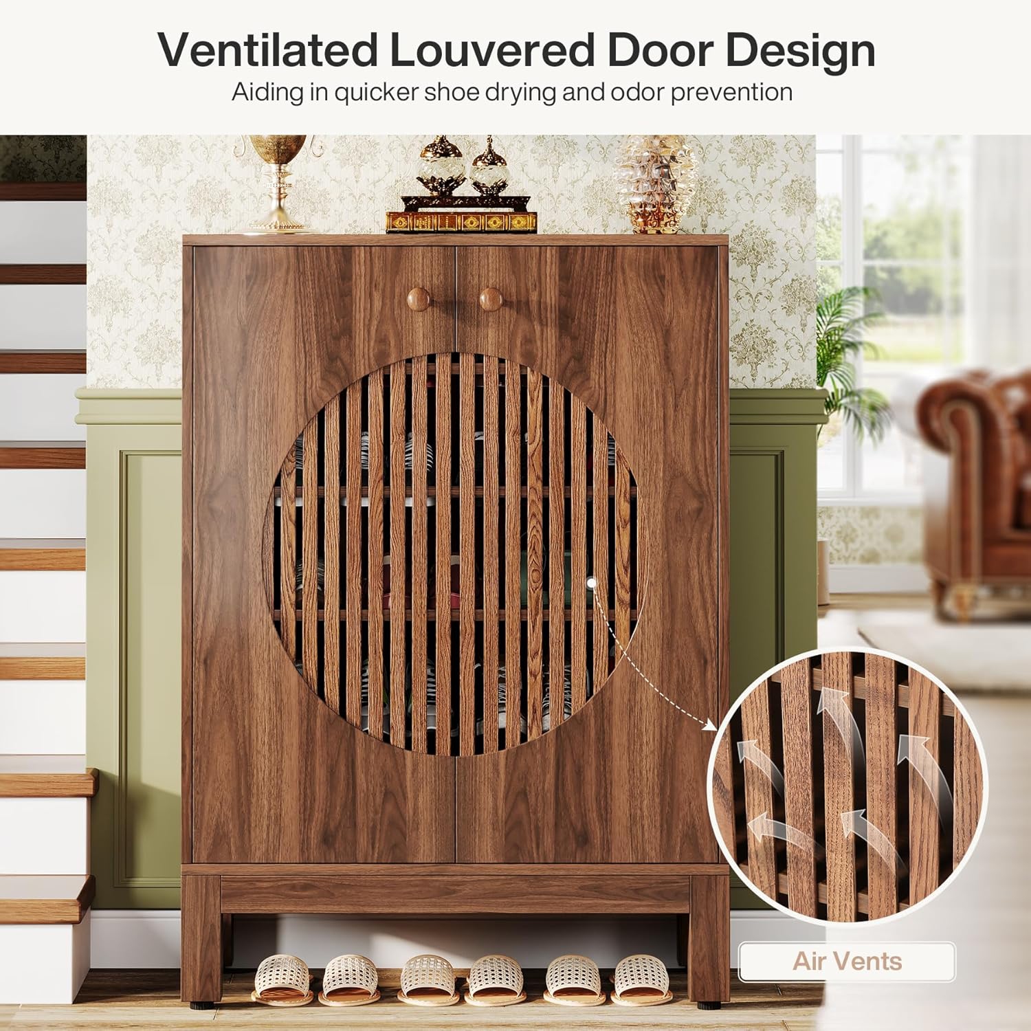 Tribesigns – Armoire à chaussures à 5 niveaux avec portes à persiennes rondes, 20 paires d'armoires de rangement pour chaussures Farmhouse