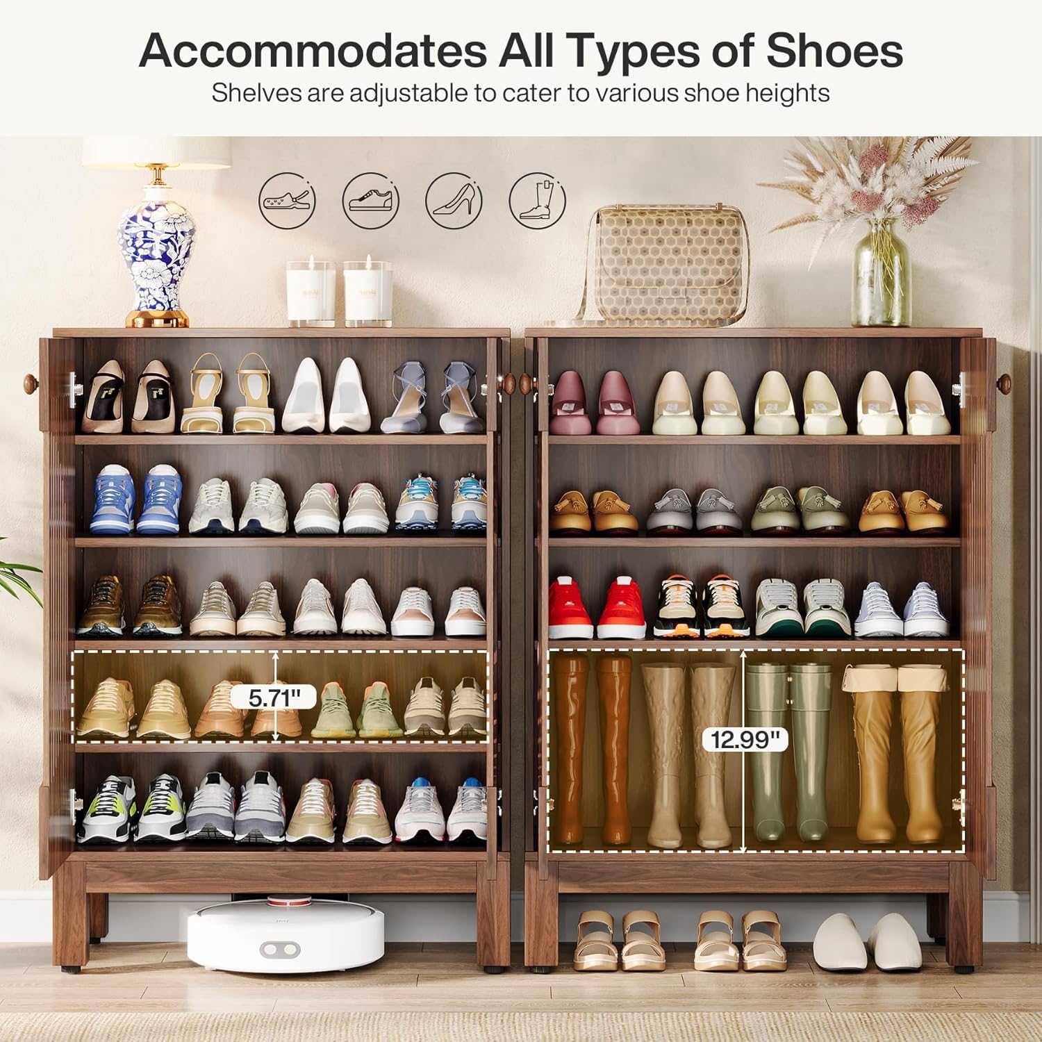 Tribesigns – Armoire à chaussures à 5 niveaux avec portes à persiennes rondes, 20 paires d'armoires de rangement pour chaussures Farmhouse