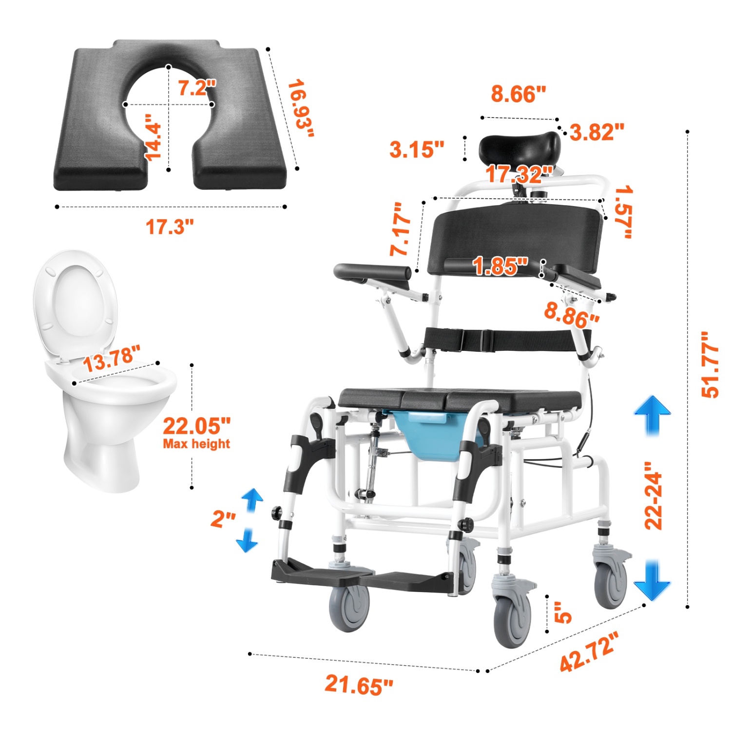 VEVOR 17.5in Width Shower Wheelchair, Aluminum Alloy Bathroom Wheelchair for Inside Shower, Adjustable Rolling Shower Chair w/ Brake, 300 lbs
