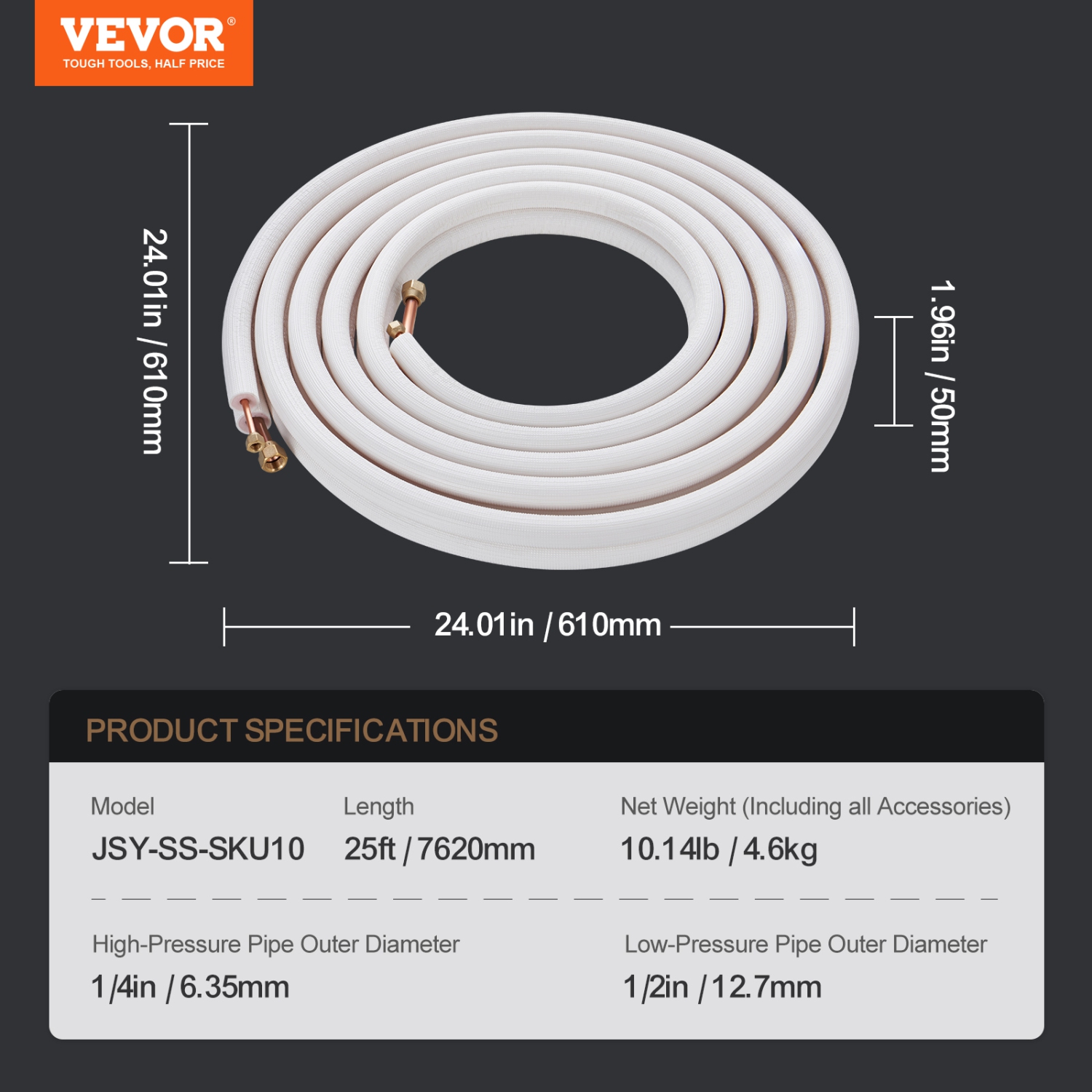 VEVOR 25FT Mini Split Line Set, 1/4" & 1/2" O.D Copper Pipes Tubing and Triple-Layer Insulation, for Air Conditioning or Heating Pump Equipment & HVAC