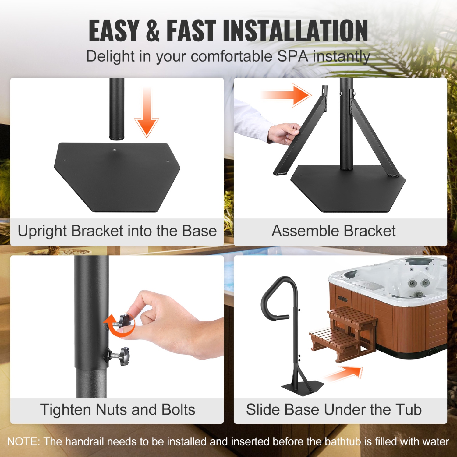 VEVOR Hot Tub Handrail, 360 Rotatable Spa Side Handrail with 48"-63" Adjustable Height, Rust-proof Aluminum Spa Step Hot Tub Hand Rail with