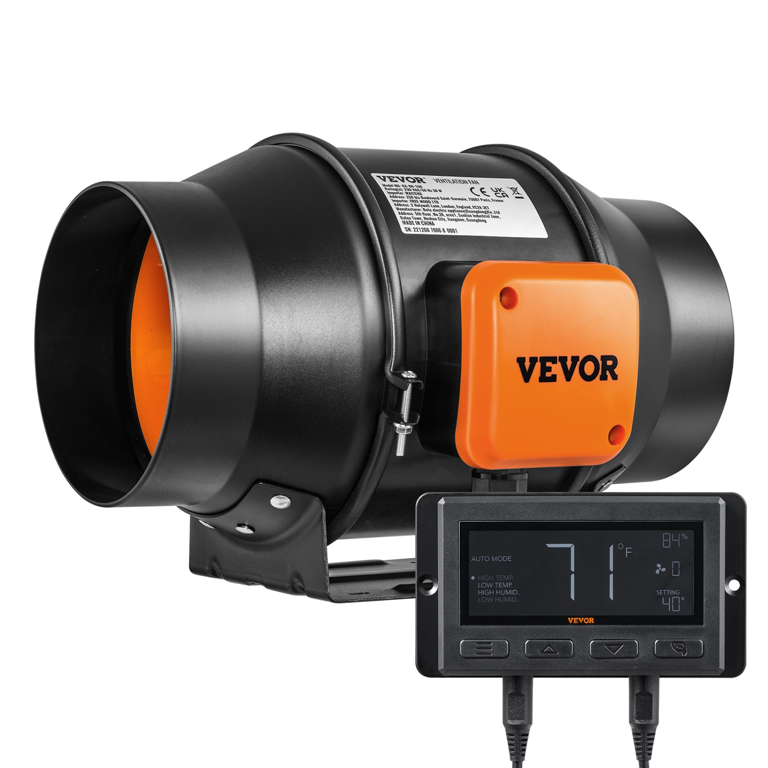 VEVOR 6-Inch Inline Duct Fan, 402 CFM with Temperature Humidity Controller, Quiet EC-motor Ventilation Exhaust Fan for Cooling Booster, Grow Tents, Hydroponics