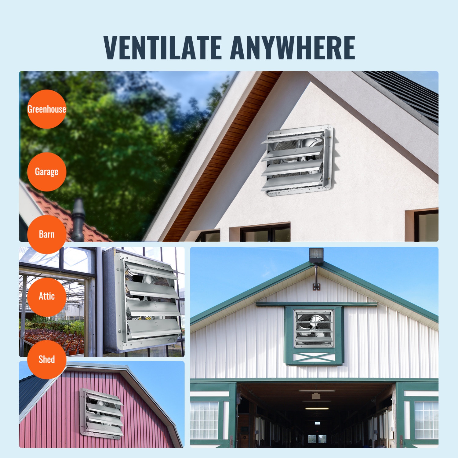 VEVOR 16'' Shutter Exhaust Fan, with Speed Controller, AC-motor, 2000 CFM, No Assembly Required Wall Mount Attic Fan, Ventilation and Cooling for