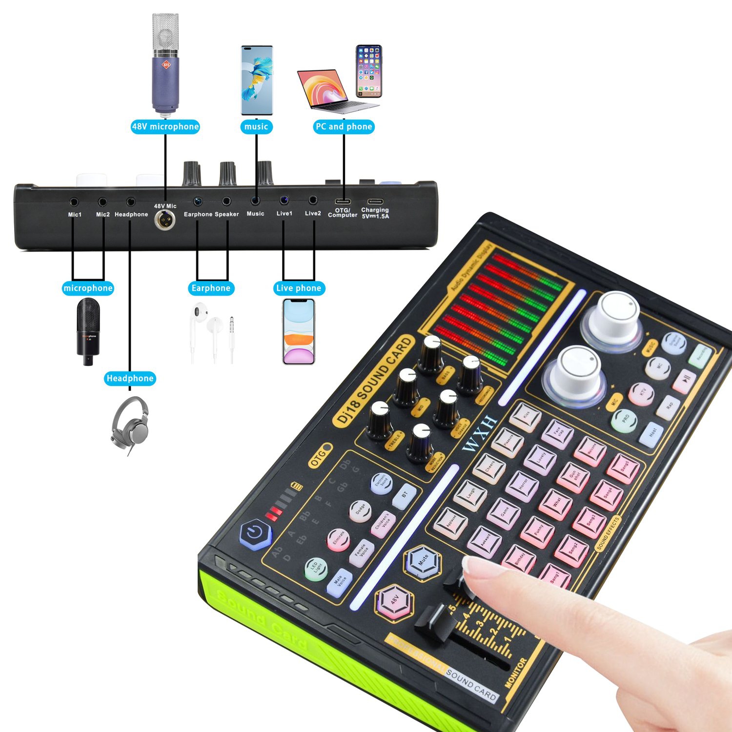 Carte son microphone externe pour enregistrement professionnel avec équipement d'accordage Noir Argent
