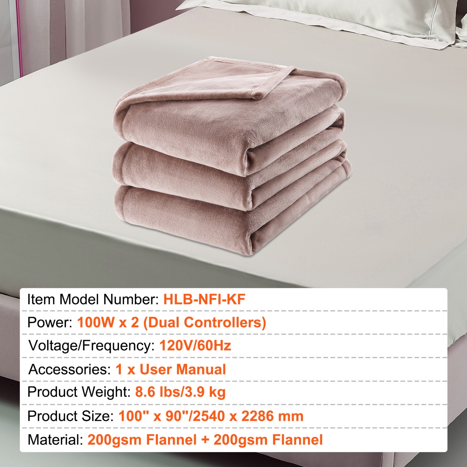 VEVOR 100" x 90" Heated Blanket Electric Throw, King Size,Soft Flannel Heating Blanket with 10 Hours Timer Auto-off & 5 Heating Levels, Dual
