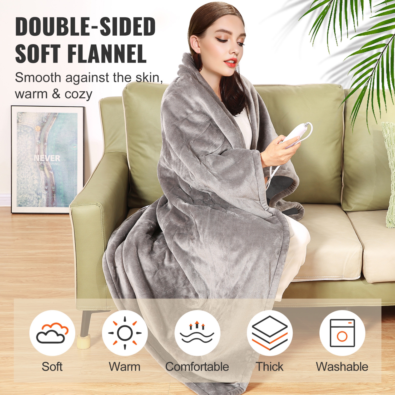 VEVOR 72" x 84" Heated Blanket Electric Throw, Full Size, Soft Flannel Heating Blanket with 10 Hours Timer Auto-off & 5 Heating Levels for Couch