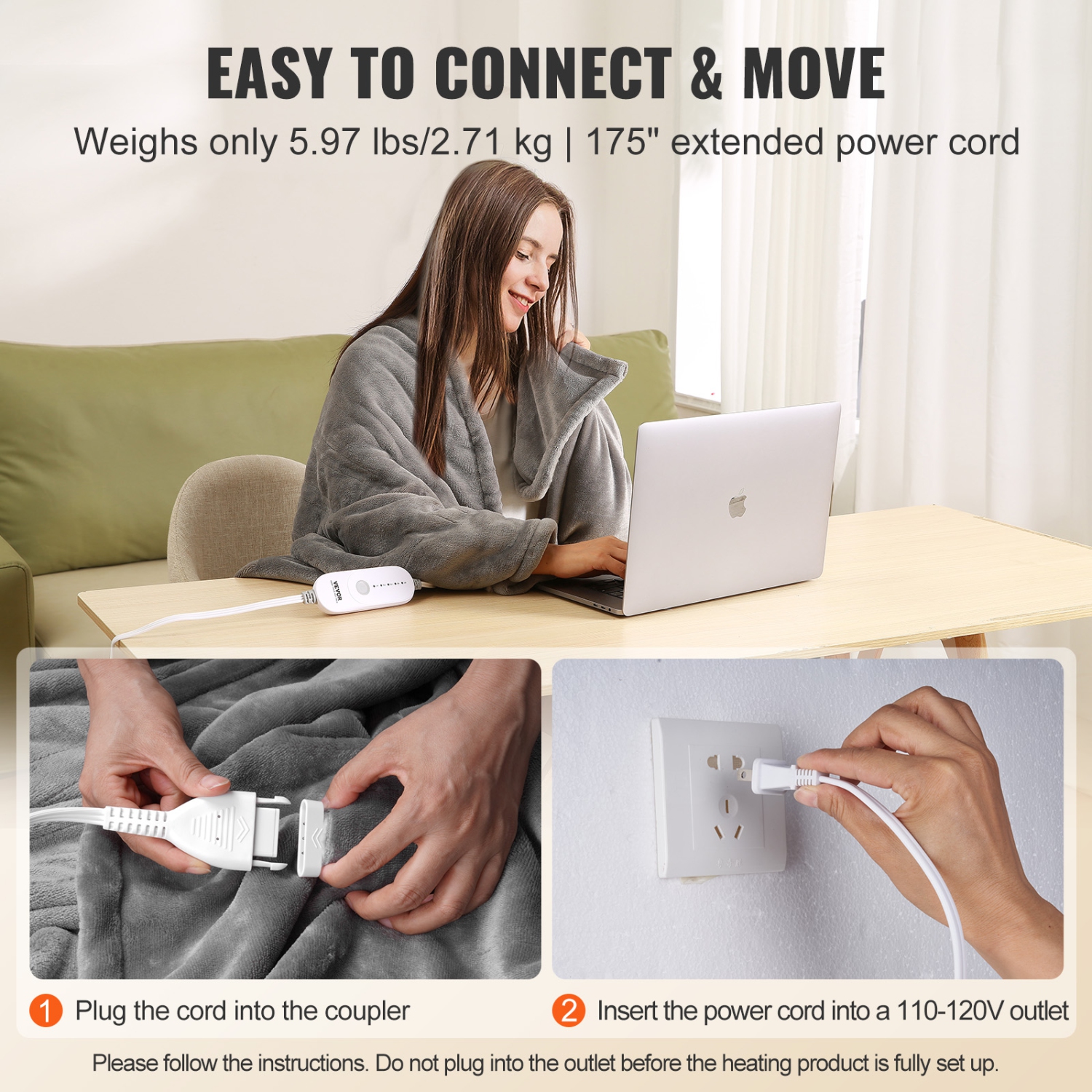 VEVOR 72" x 84" Heated Blanket Electric Throw, Full Size, Soft Flannel Heating Blanket with 10 Hours Timer Auto-off & 5 Heating Levels for Couch