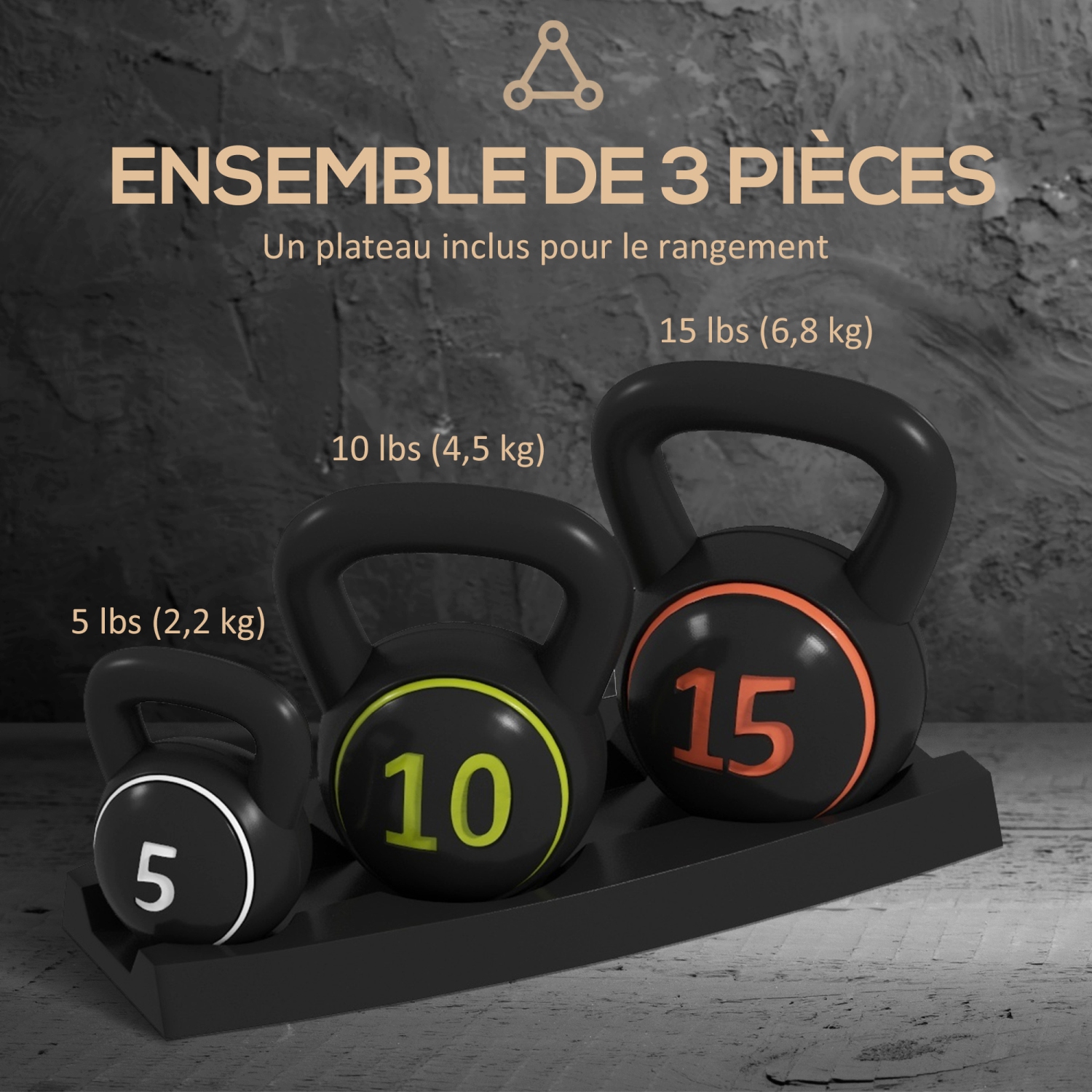 Ensemble de trois haltères russes de Soozier avec support de rangement pour entraînement musculaire à domicile, 5&nbsp;lb, 10&nbsp;lb, 15&nbsp;lb