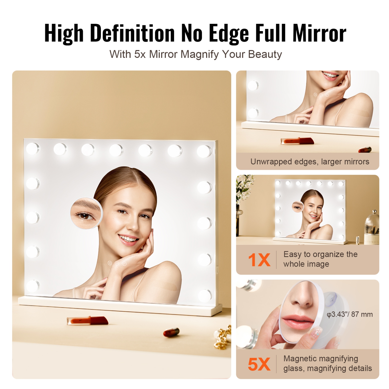 VEVOR 22.8x18.1 in Hollywood Vanity Mirror With Lights,15 Dimmable Bulbs &3 Color Lighting Modes, Makeup Mirror w/ Detachable 5X Magnification,USB