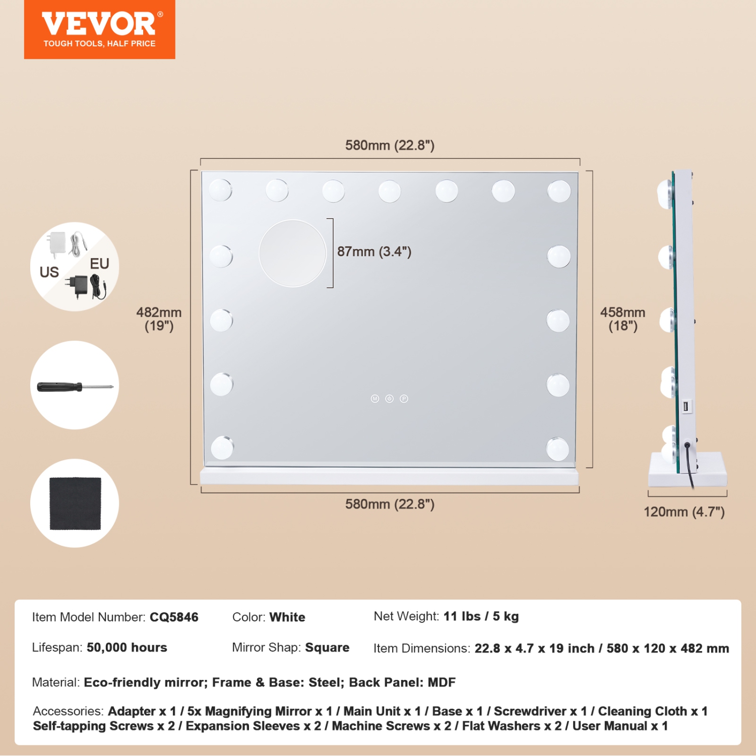 VEVOR 22.8x18.1 in Hollywood Vanity Mirror With Lights,15 Dimmable Bulbs &3 Color Lighting Modes, Makeup Mirror w/ Detachable 5X Magnification,USB