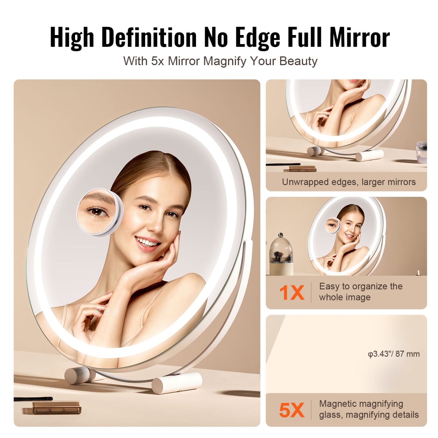VEVOR 20” Vanity Mirror With Lights, LED Makeup Mirror 3 Color Lighting Modes, with 5X Magnification Mirror, Smart Touch Control, 360°Rotation,Round
