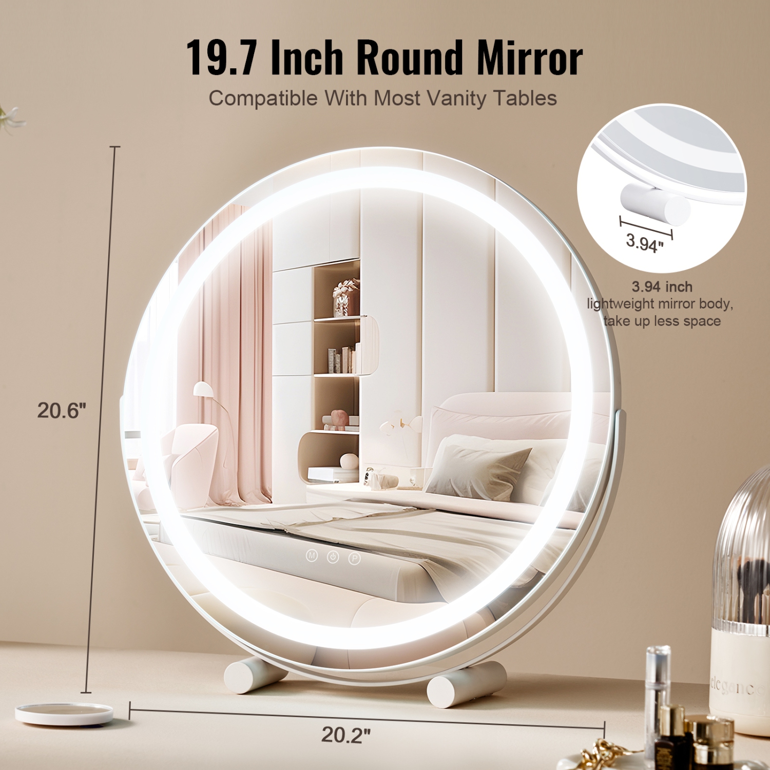 VEVOR 20” Vanity Mirror With Lights, LED Makeup Mirror 3 Color Lighting Modes, with 5X Magnification Mirror, Smart Touch Control, 360°Rotation,Round