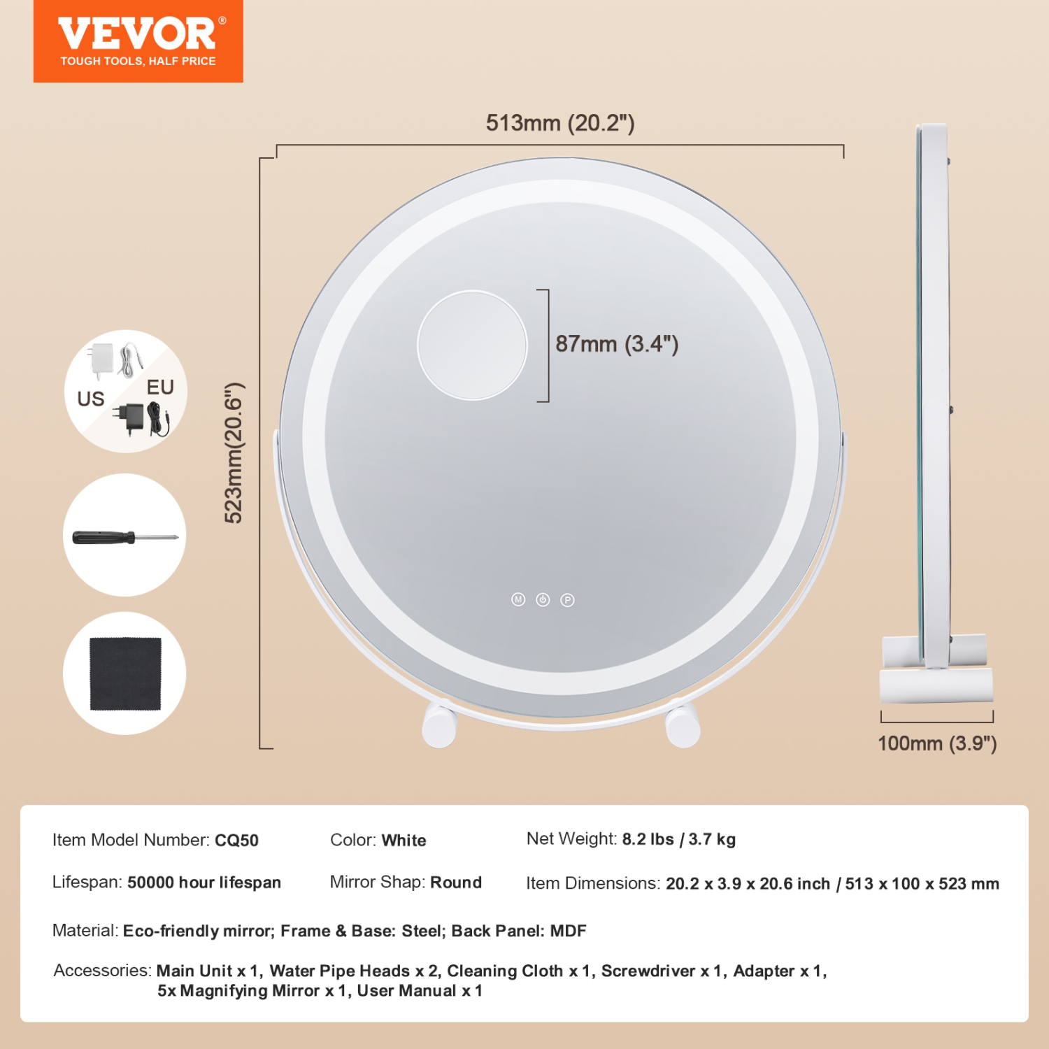 VEVOR 20” Vanity Mirror With Lights, LED Makeup Mirror 3 Color Lighting Modes, with 5X Magnification Mirror, Smart Touch Control, 360°Rotation,Round