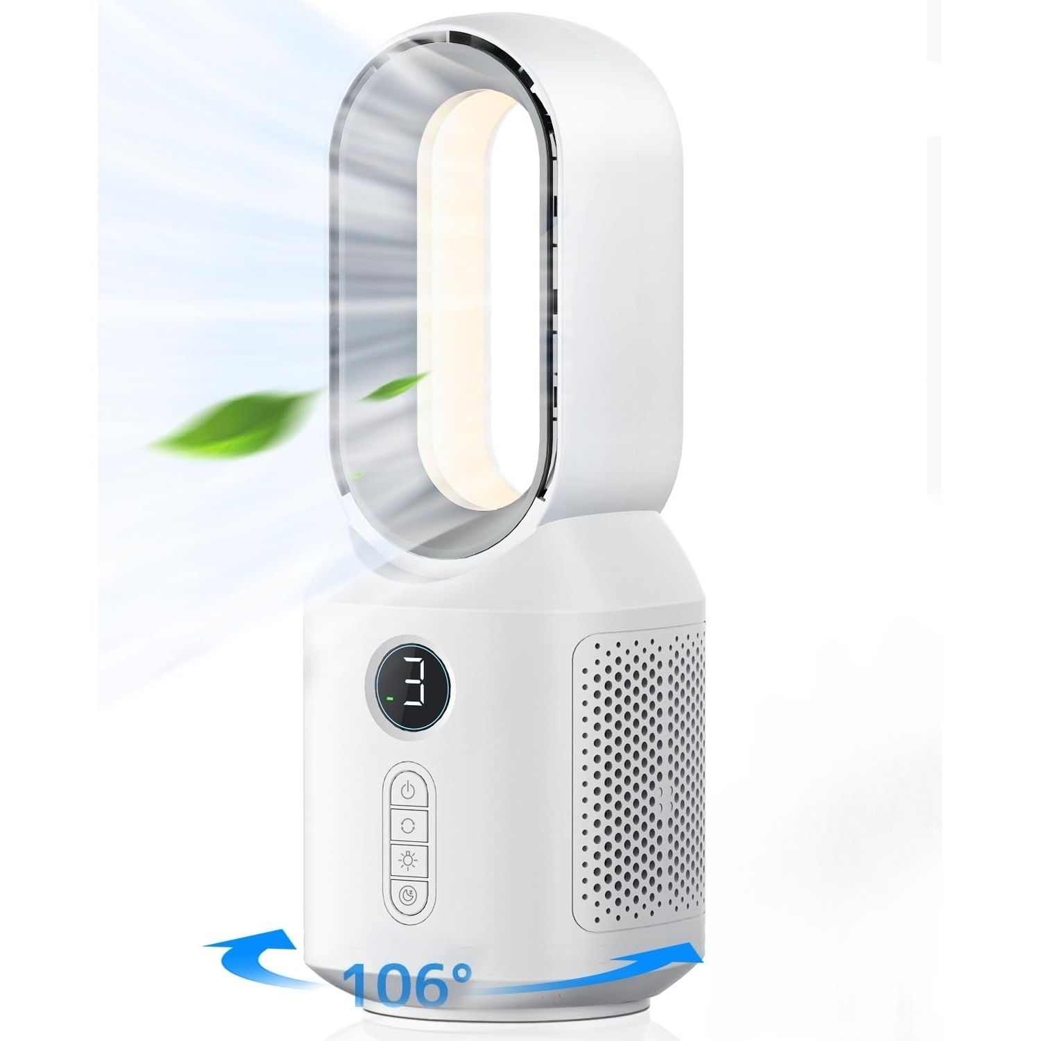 106° Oscillating Fan for Indoors,Bladeless Fan with 3 Speeds, Small Office Fan with LED Light