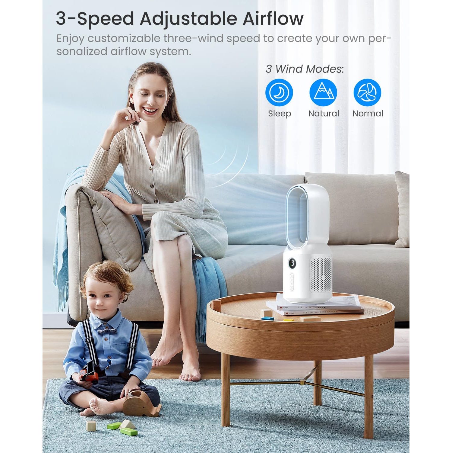 106° Oscillating Fan for Indoors,Bladeless Fan with 3 Speeds, Small Office Fan with LED Light