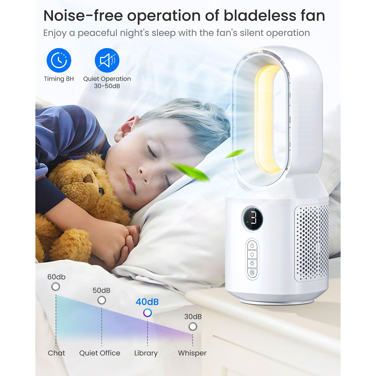 106° Oscillating Fan for Indoors,Bladeless Fan with 3 Speeds, Small Office Fan with LED Light