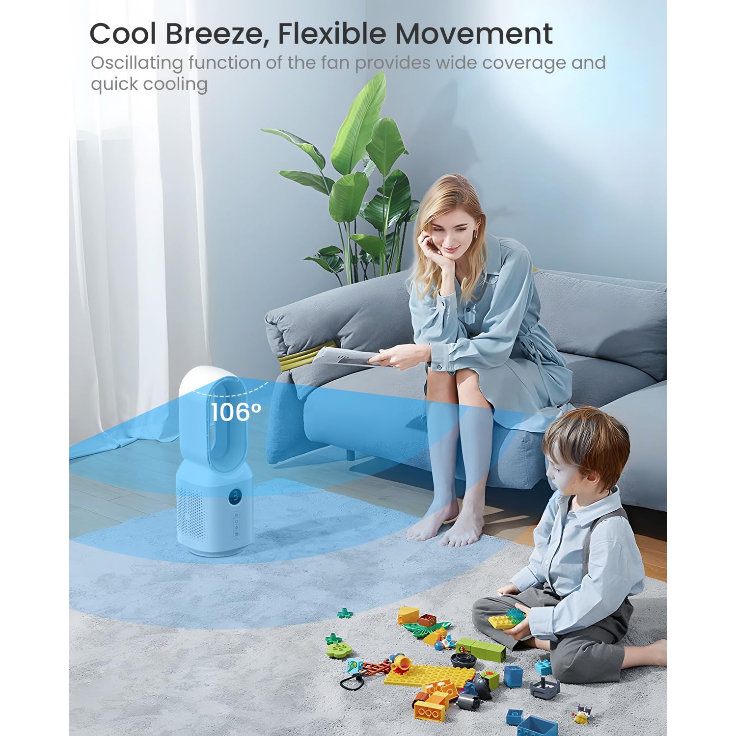 106° Oscillating Fan for Indoors,Bladeless Fan with 3 Speeds, Small Office Fan with LED Light