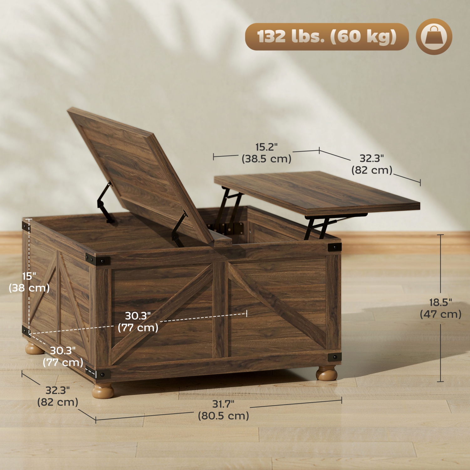 HOMCOM – Table basse à dessus relevable, table centrale de 32 po avec compartiment dissimulé, plateau de levage et pattes en pin pour le salon,