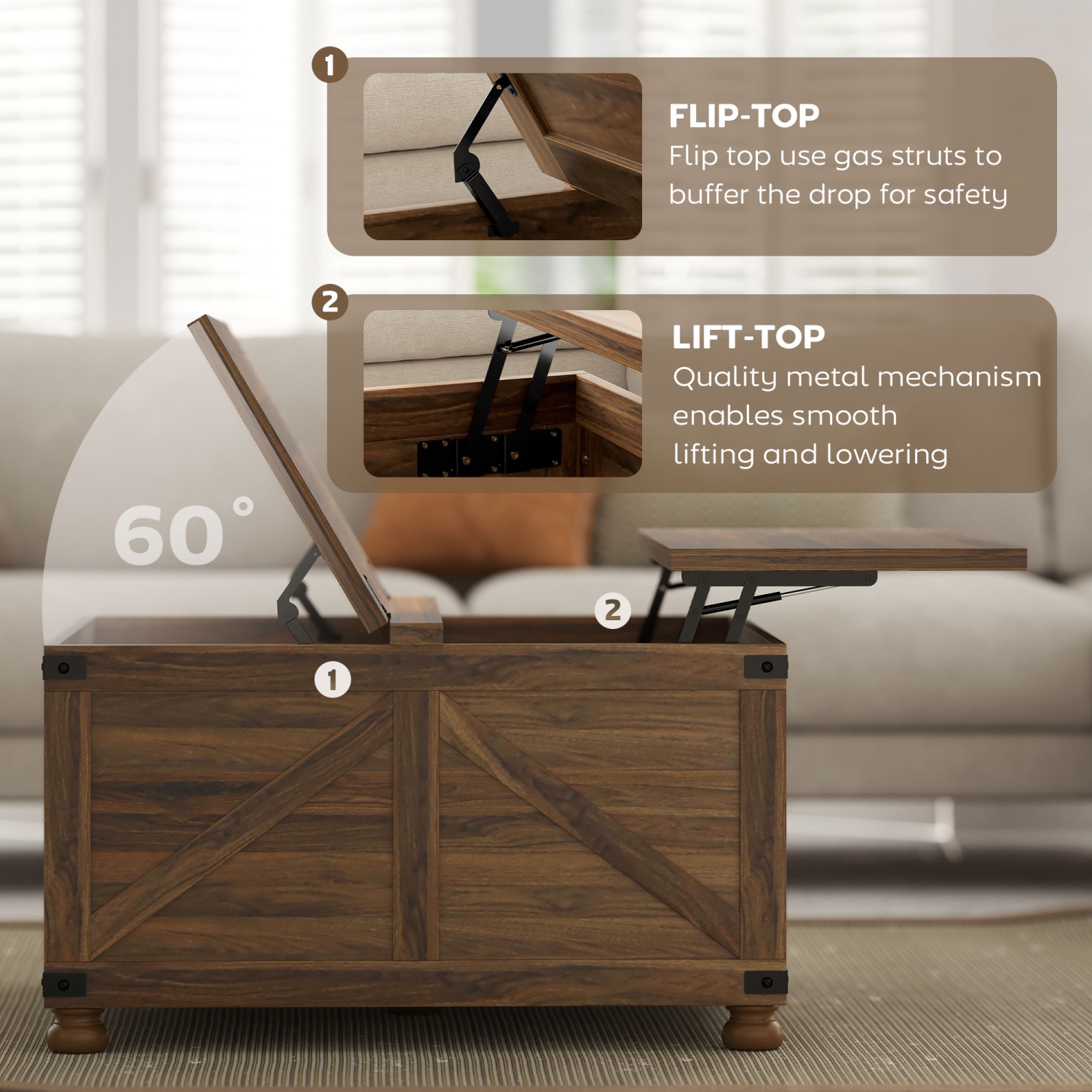 HOMCOM – Table basse à dessus relevable, table centrale de 32 po avec compartiment dissimulé, plateau de levage et pattes en pin pour le salon,