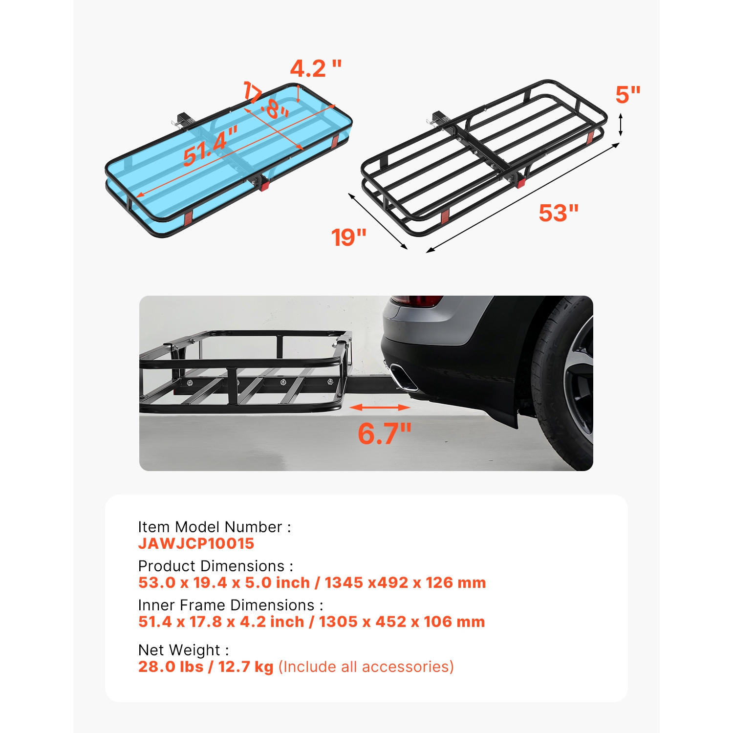 VEVOR 53" x 19" x 5", Hitch Cargo Carrier, 500 lbs Capacity Hitch Cargo Carrier with Hitch Stabilizer & Ratchet Straps, Folding Hitch Mount Cargo