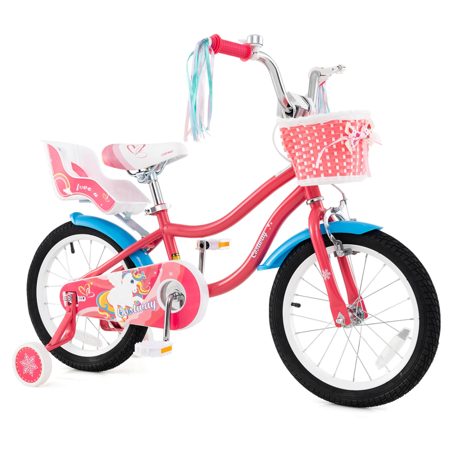 Costway 14 Inch Kids Bike with Basket Doll Seat & Colorful Streamers 2 Training Wheels