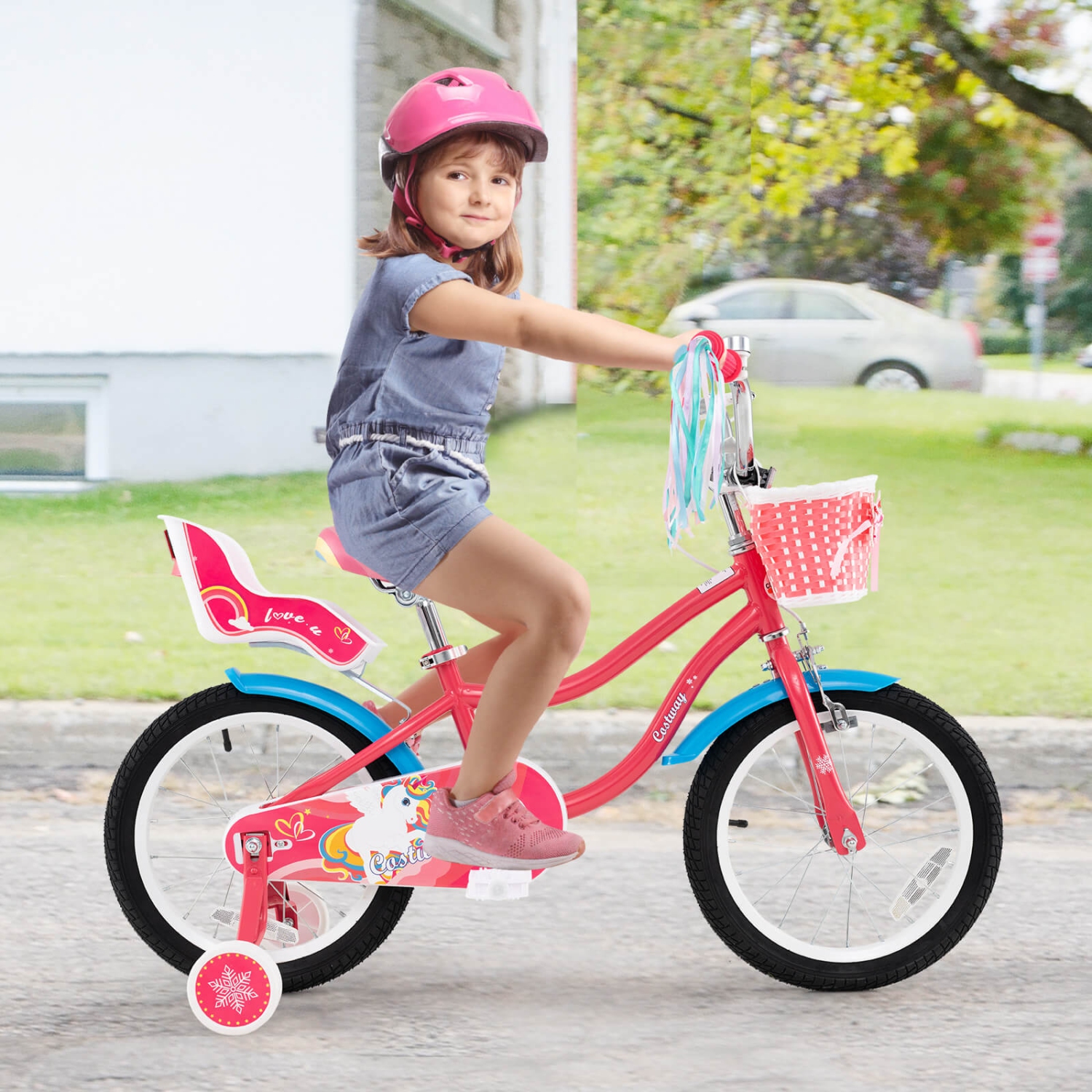 Costway 14 Inch Kids Bike with Basket Doll Seat & Colorful Streamers 2 Training Wheels