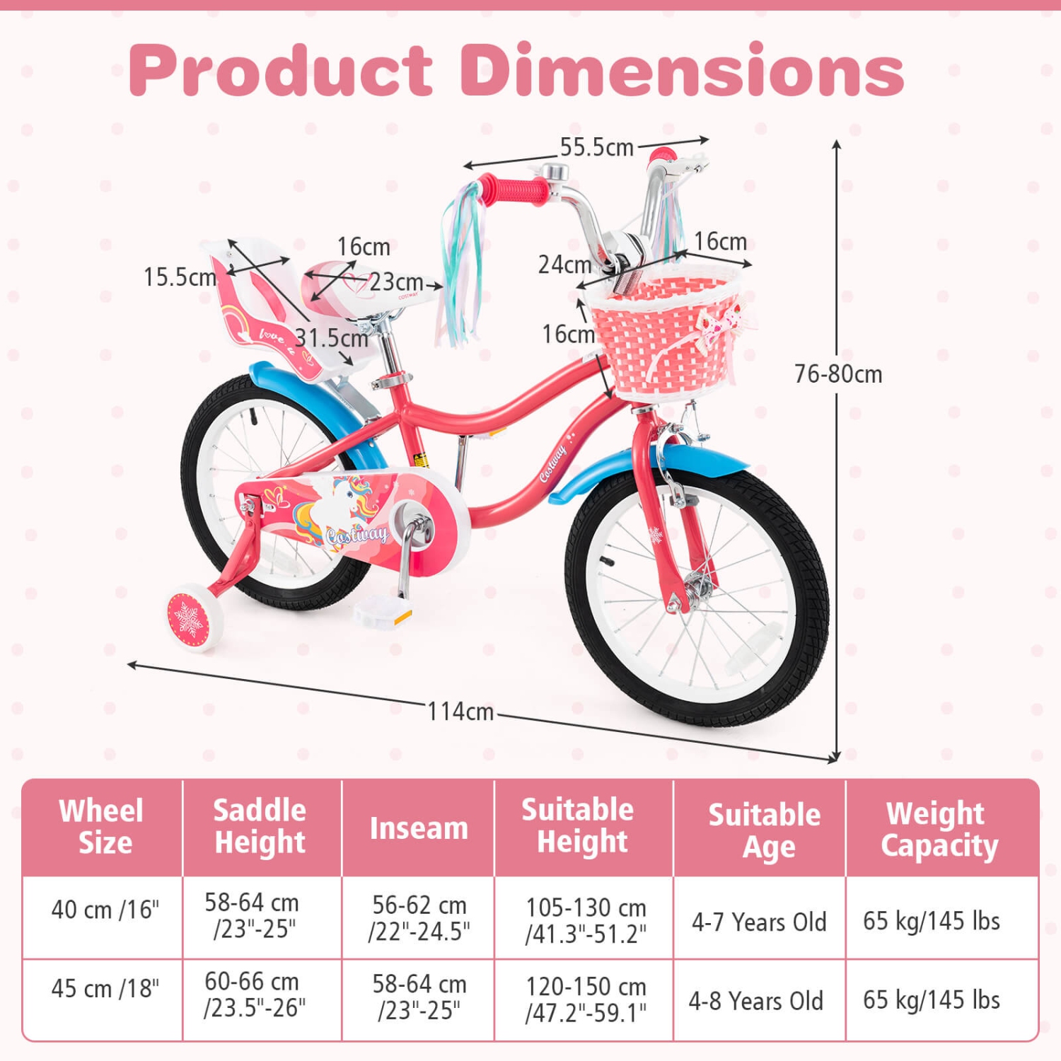 Costway 14 Inch Kids Bike with Basket Doll Seat & Colorful Streamers 2 Training Wheels