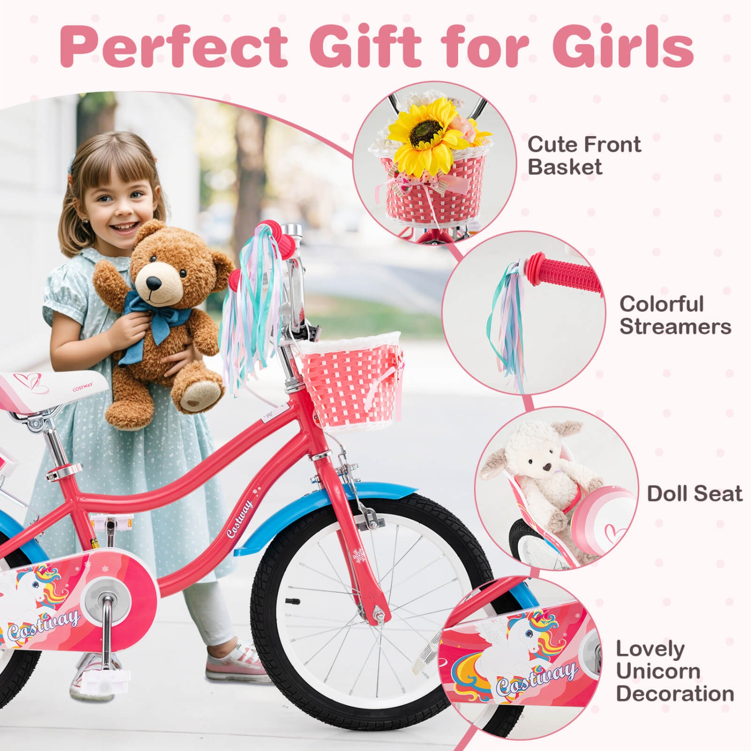 Costway 14 Inch Kids Bike with Basket Doll Seat & Colorful Streamers 2 Training Wheels