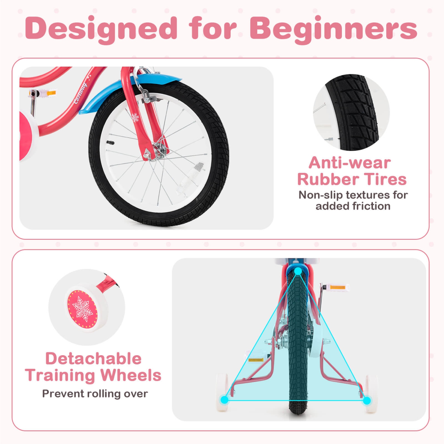 Costway 14 Inch Kids Bike with Basket Doll Seat & Colorful Streamers 2 Training Wheels