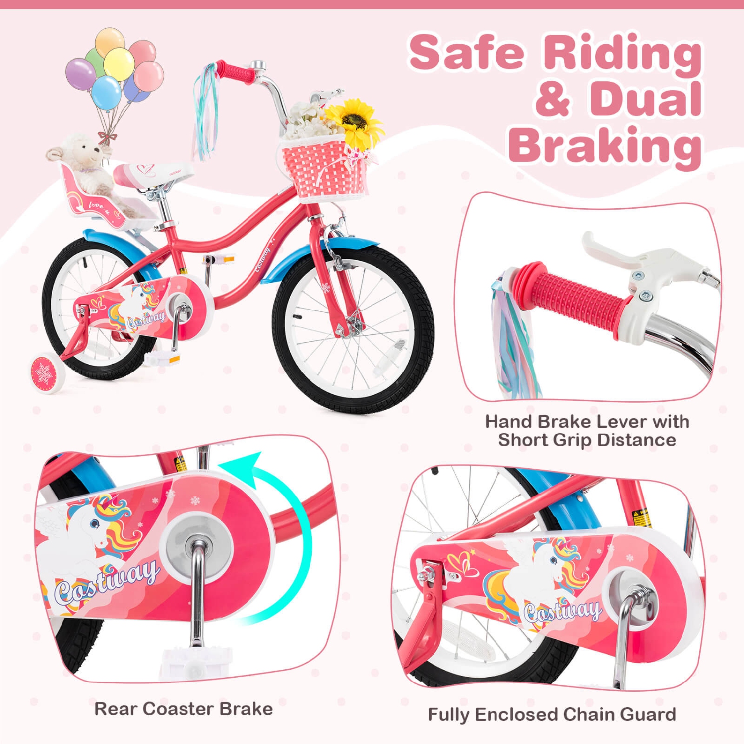 Costway 14 Inch Kids Bike with Basket Doll Seat & Colorful Streamers 2 Training Wheels