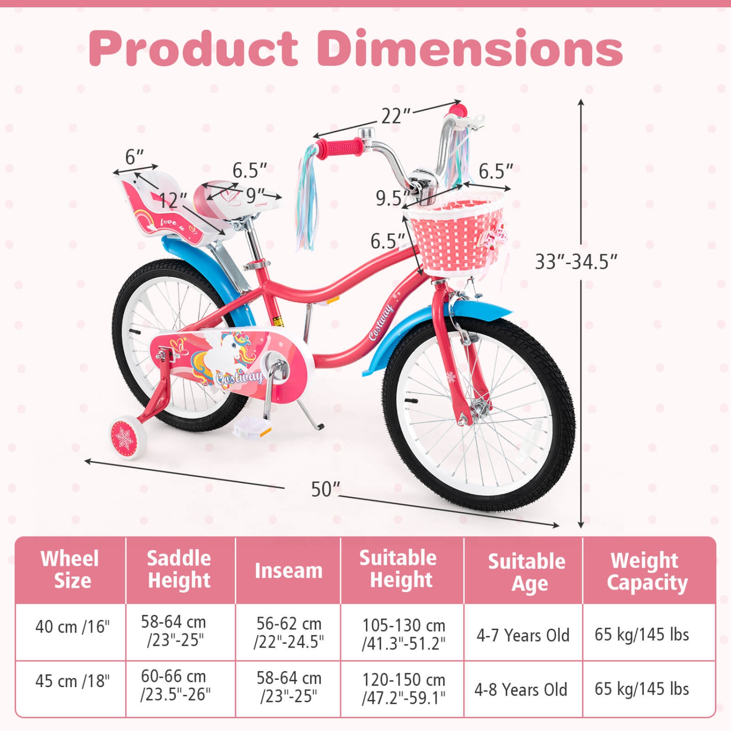 Costway 14 Inch Kids Bike with Basket Doll Seat & Colorful Streamers 2 Training Wheels