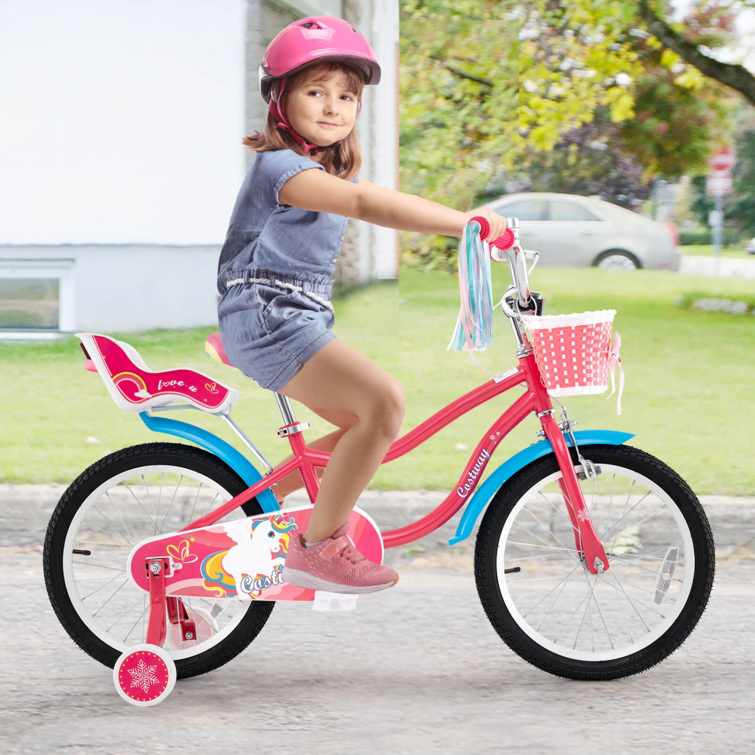 Costway 14 Inch Kids Bike with Basket Doll Seat & Colorful Streamers 2 Training Wheels