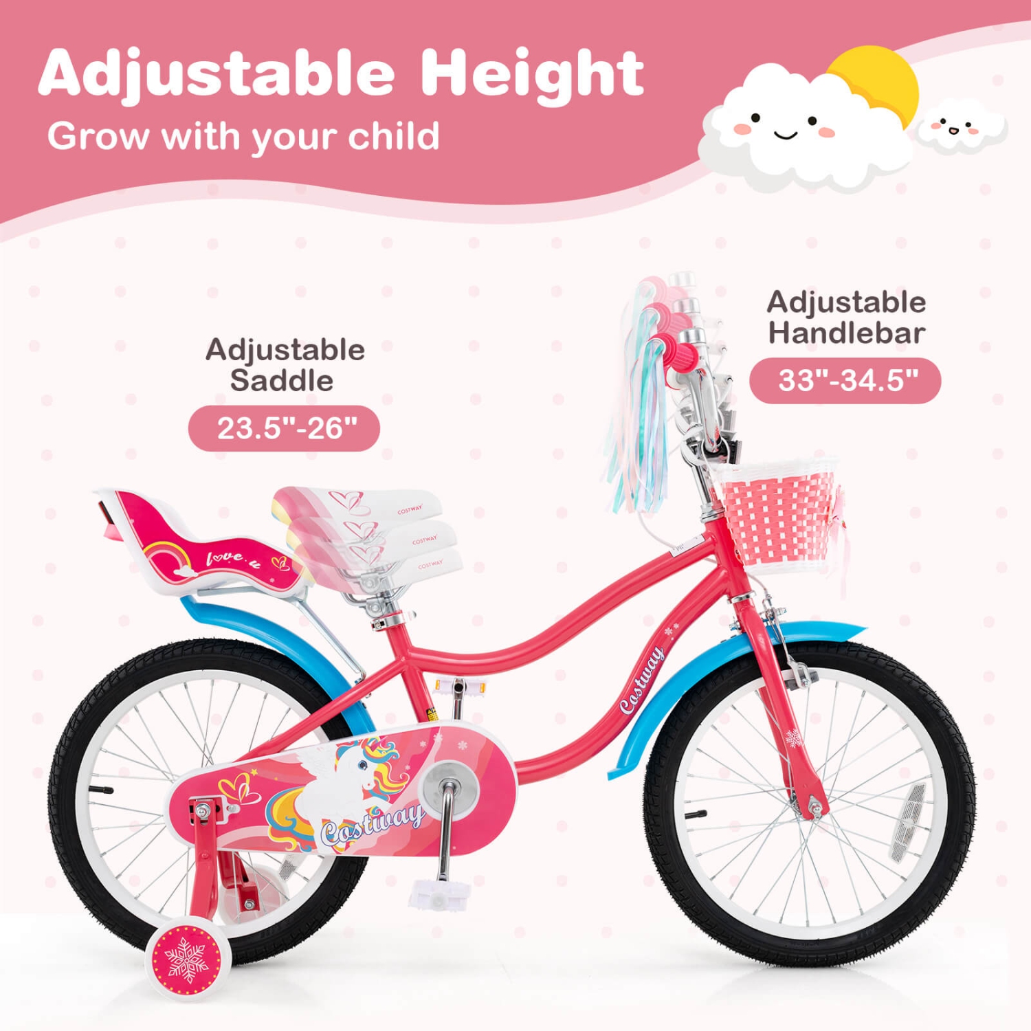 Costway 14 Inch Kids Bike with Basket Doll Seat & Colorful Streamers 2 Training Wheels