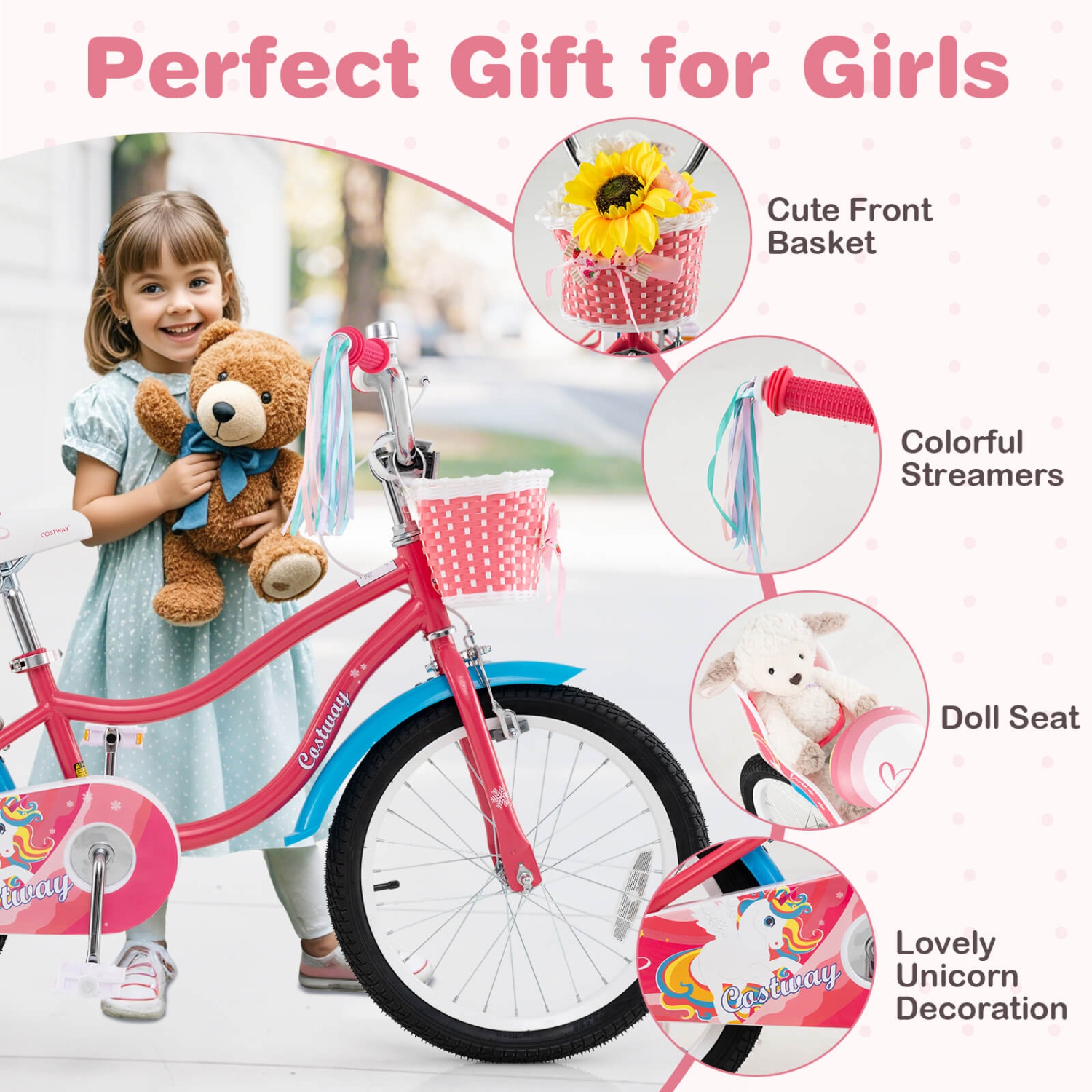 Costway 14 Inch Kids Bike with Basket Doll Seat & Colorful Streamers 2 Training Wheels