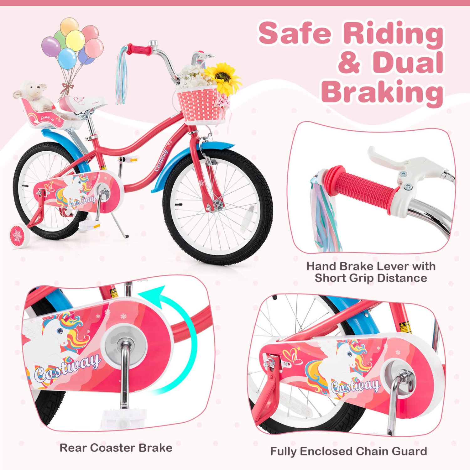 Costway 14 Inch Kids Bike with Basket Doll Seat & Colorful Streamers 2 Training Wheels