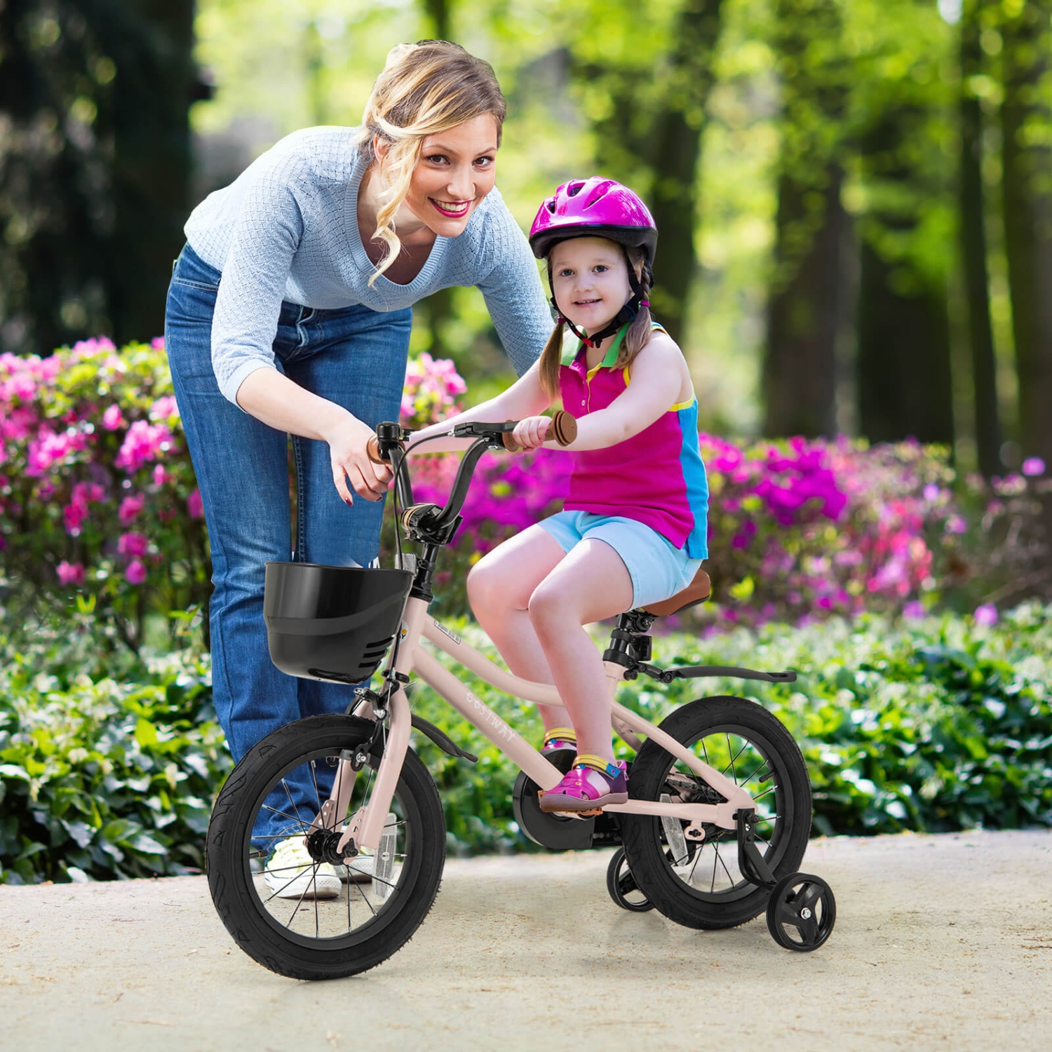 Costway 12"/14"/16"/18" Kid's Bike with Training Wheels Adjustable Handlebar & Seat Handbrake Pink