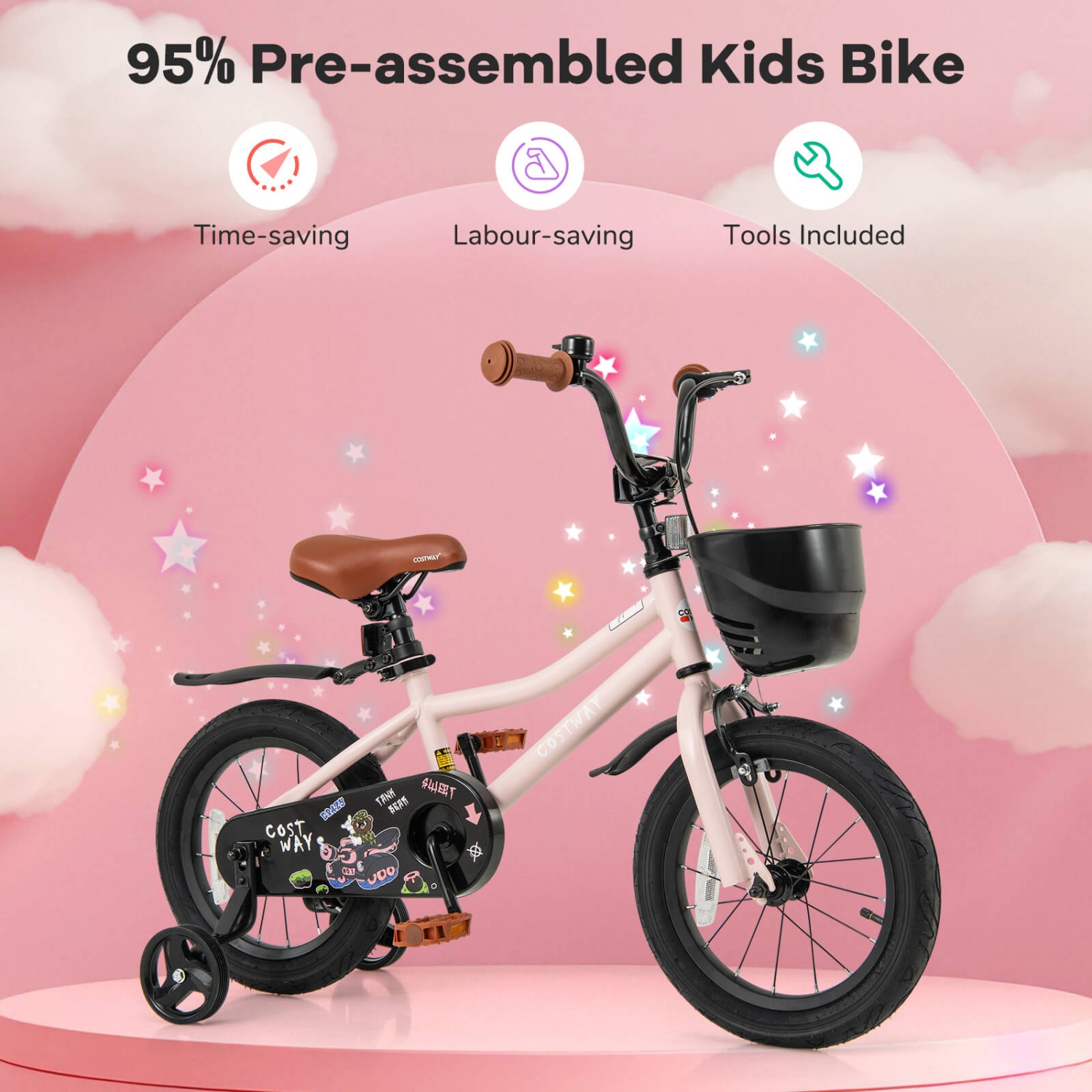 Costway 12"/14"/16"/18" Kid's Bike with Training Wheels Adjustable Handlebar & Seat Handbrake Pink
