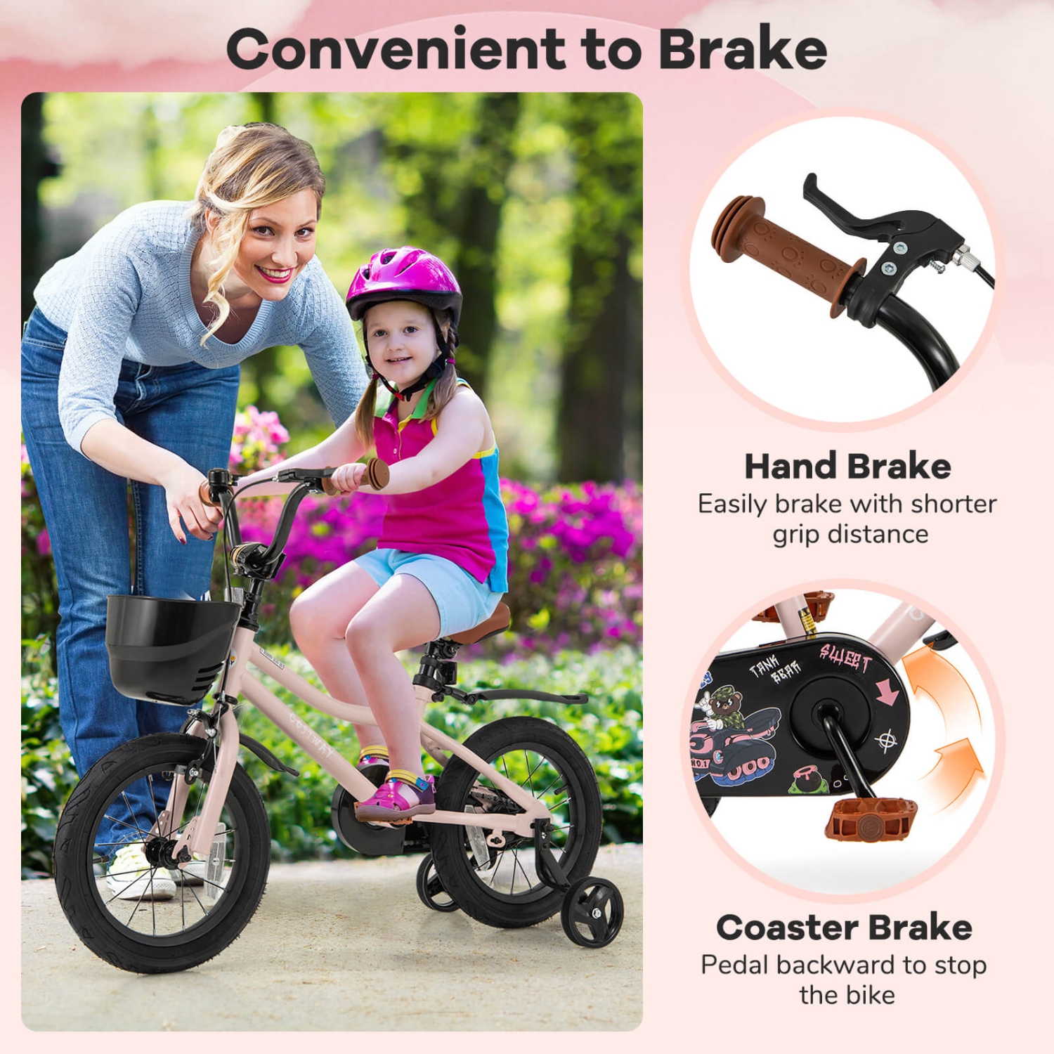 Costway 12"/14"/16"/18" Kid's Bike with Training Wheels Adjustable Handlebar & Seat Handbrake Pink