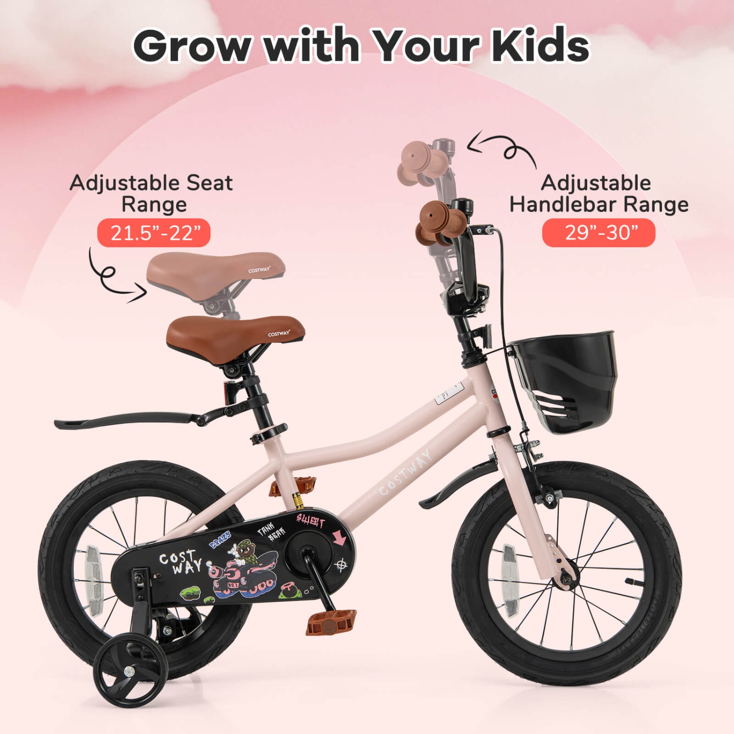 Costway 12"/14"/16"/18" Kid's Bike with Training Wheels Adjustable Handlebar & Seat Handbrake Pink