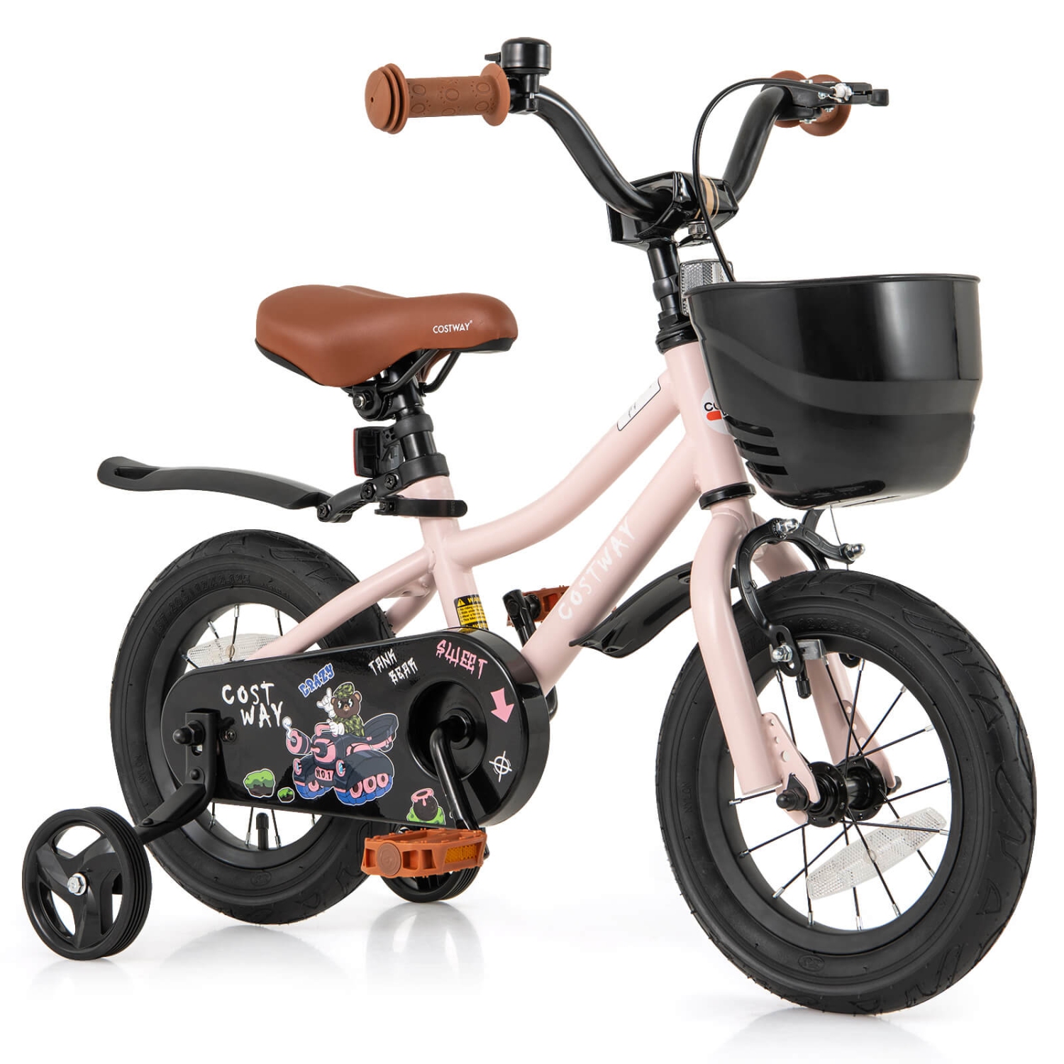 Vélo pour enfants de 12, 14, 16 et 18&nbsp;po de Costway avec roues stabilisatrices, guidon réglable et siège, frein à main rose