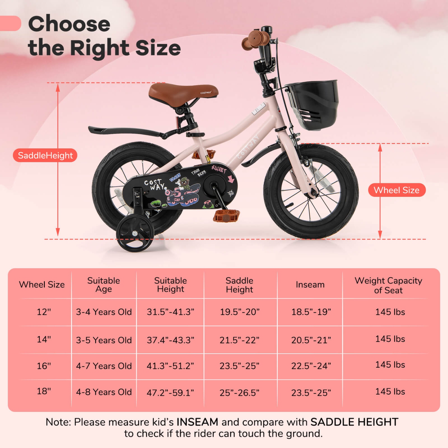 Vélo pour enfants de 12, 14, 16 et 18 po de Costway avec roues stabilisatrices, guidon réglable et siège, frein à main rose
