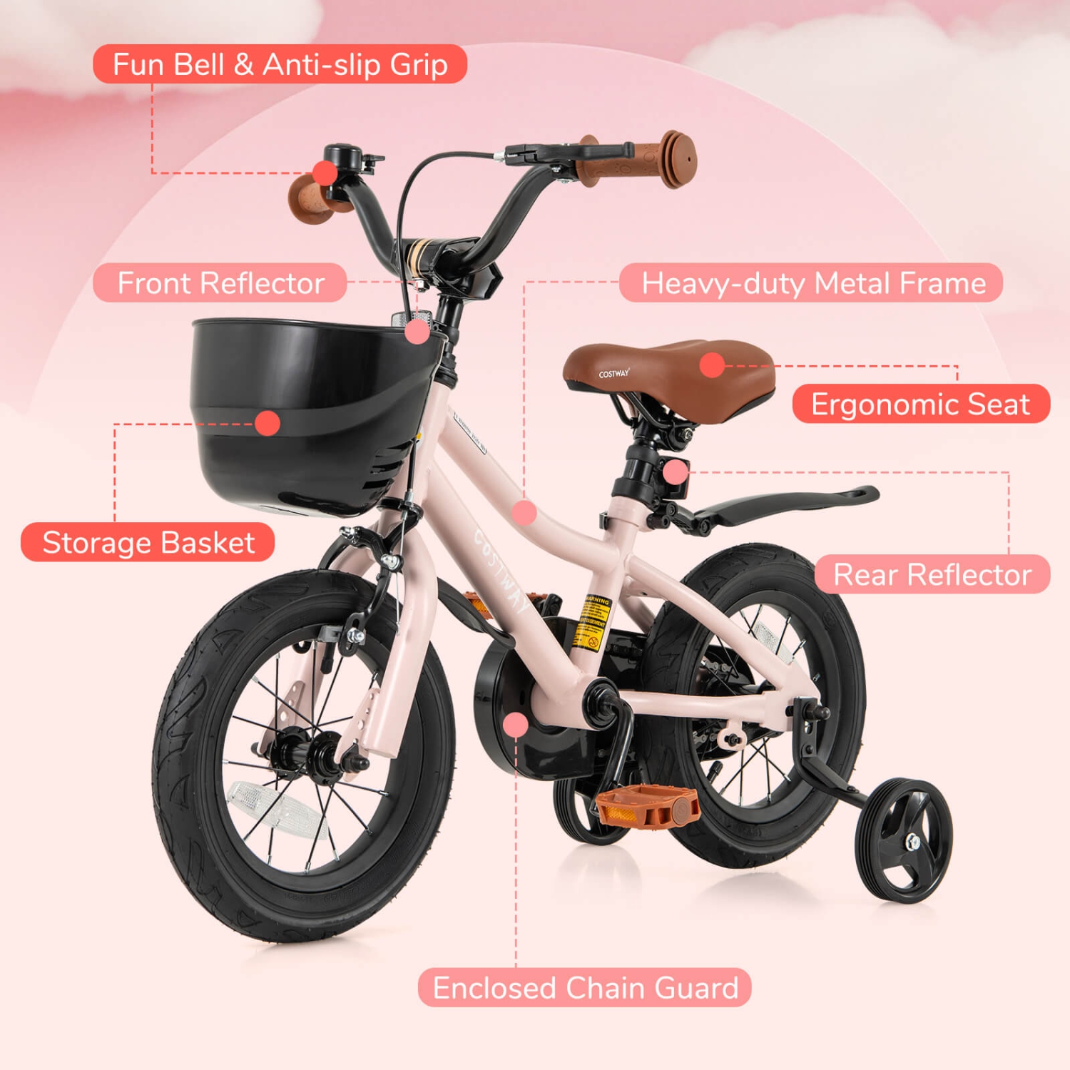 Vélo pour enfants de 12, 14, 16 et 18 po de Costway avec roues stabilisatrices, guidon réglable et siège, frein à main rose